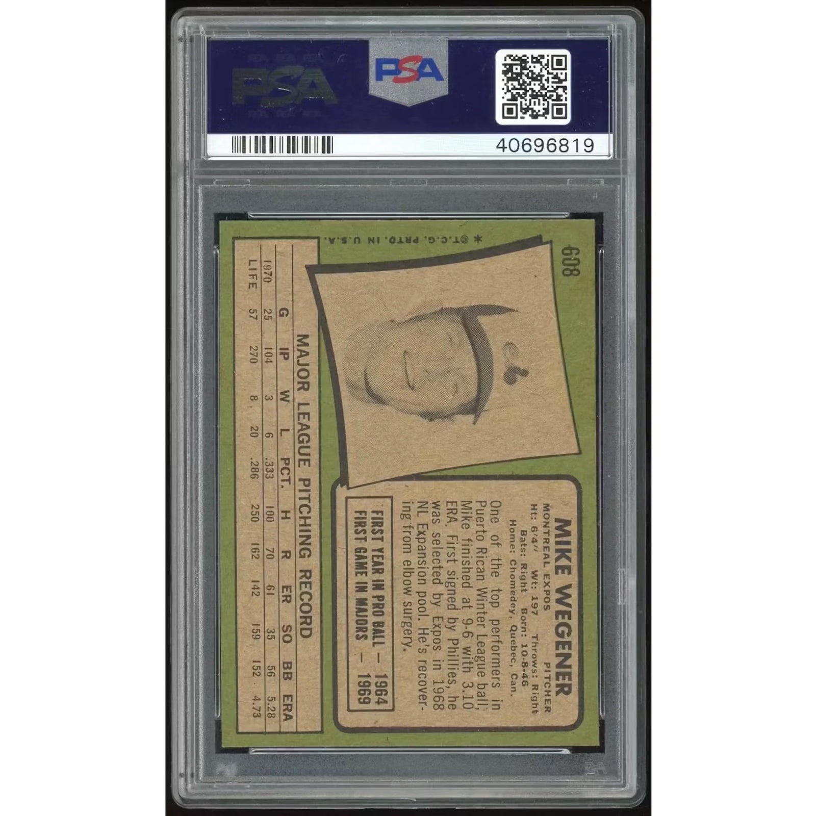 Mike Wegener 1971 Topps #608 Baseball Card | PSA 8