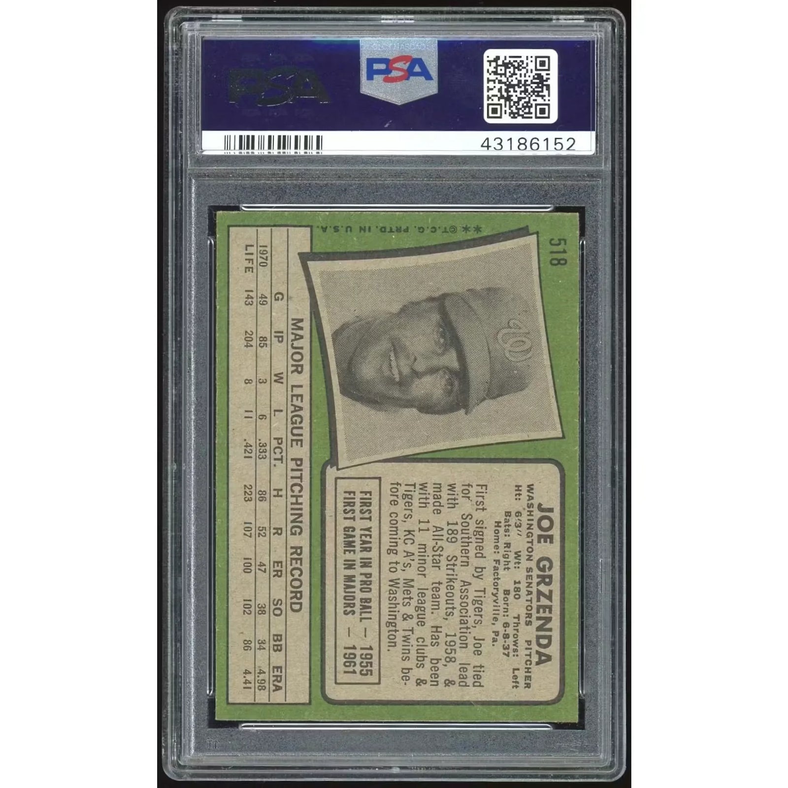 Joe Grzenda 1971 Topps #518 Baseball Card | PSA 9