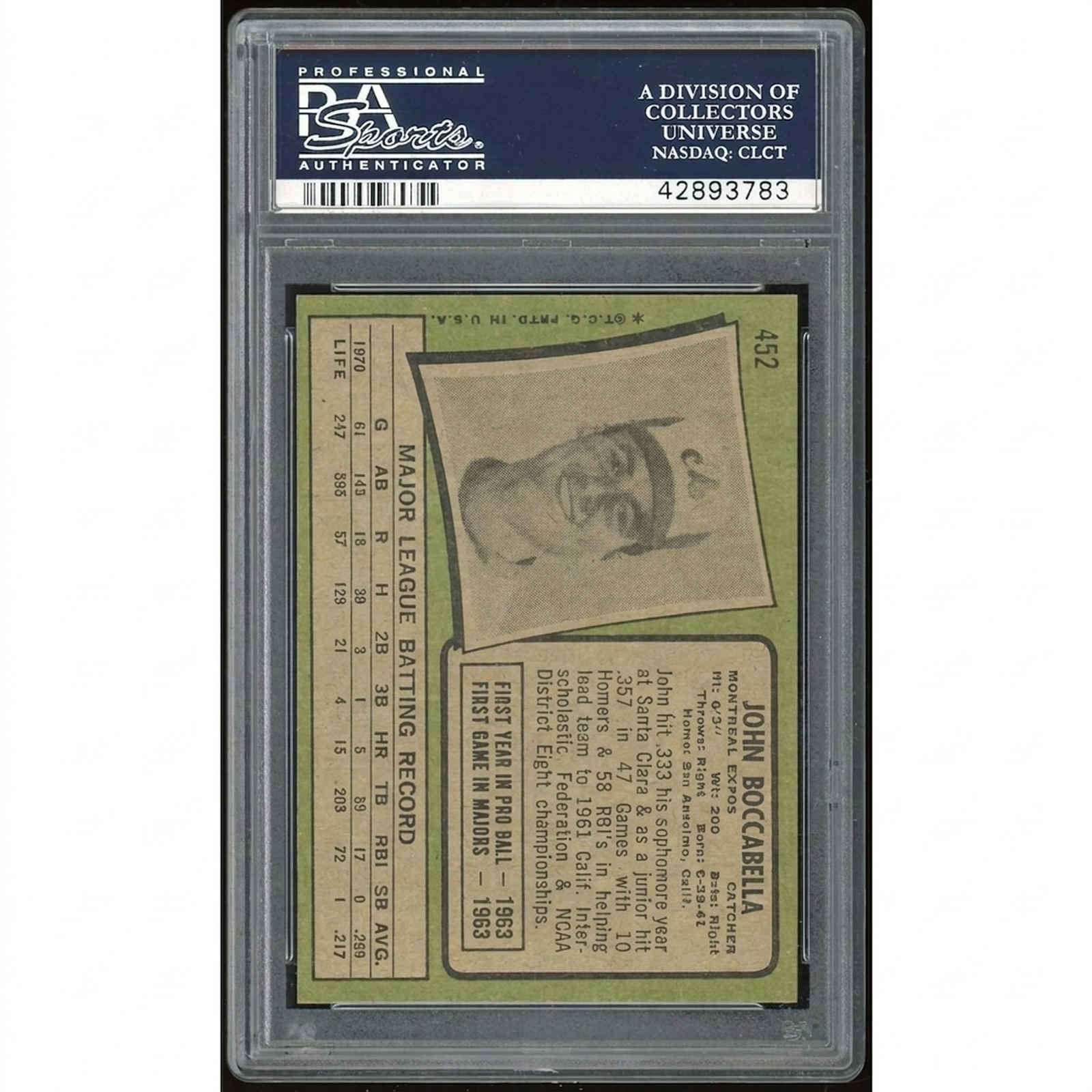 1971 Topps #452 John Boccabella Baseball Card | PSA 9