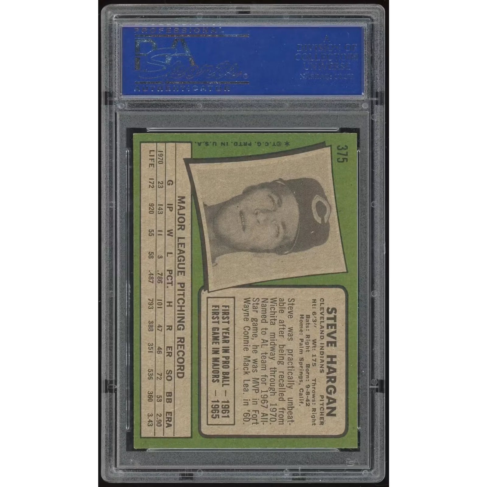 Steve Hargan 1971 Topps #375 Baseball Card | PSA 9