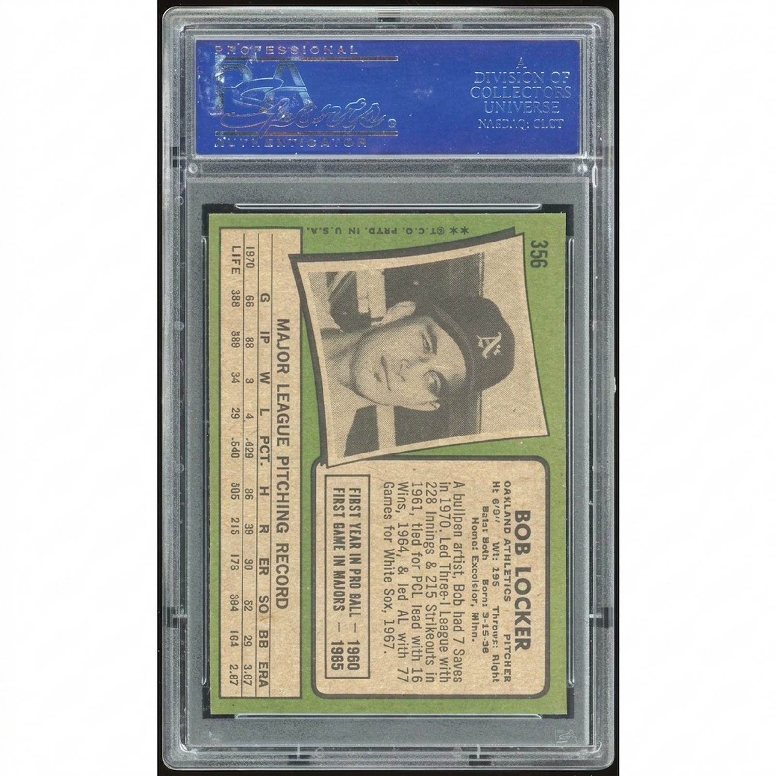 Bob Locker 1971 Topps #356 Baseball Card | PSA 9