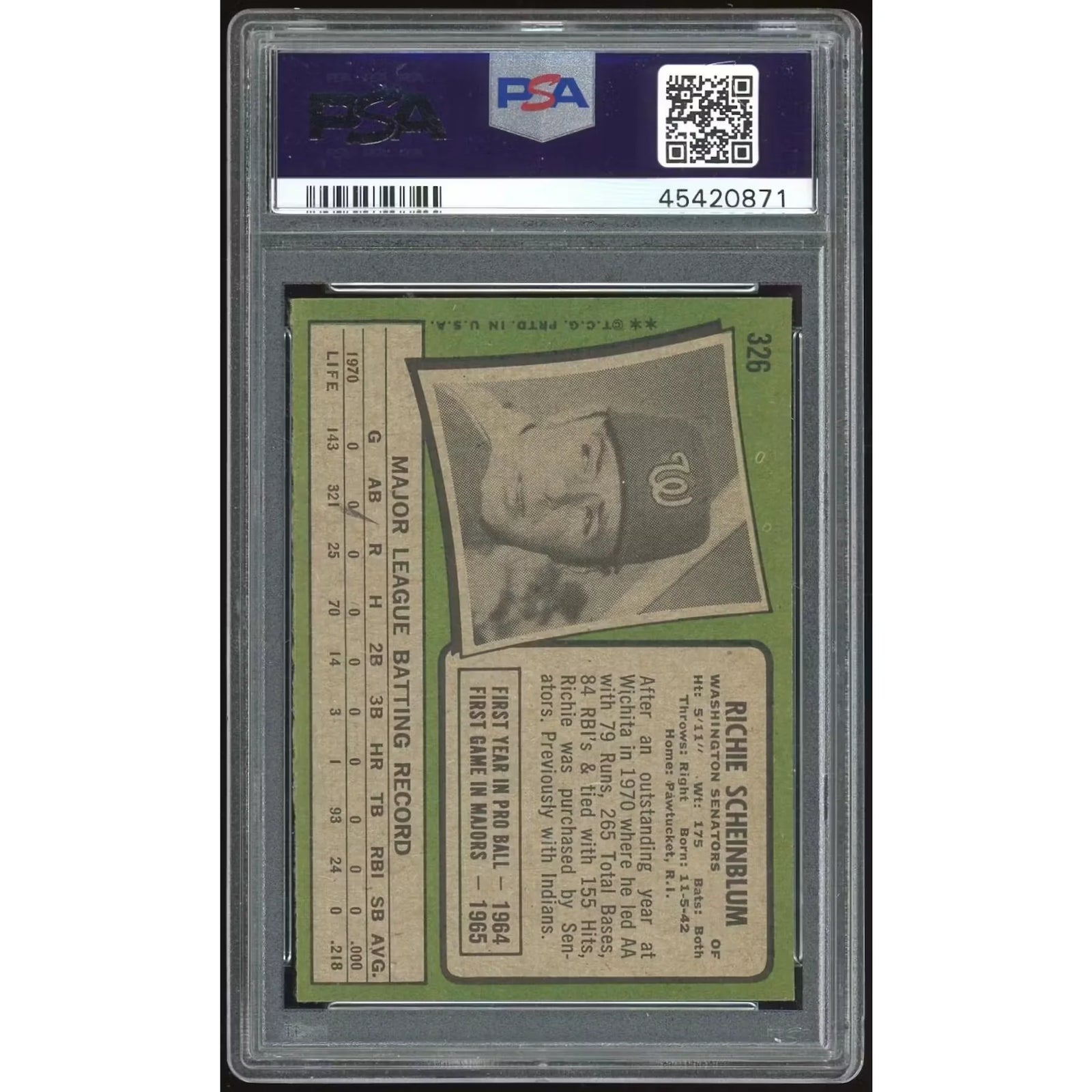 1971 Topps #326 Richie Scheinblum Baseball Card | PSA 9