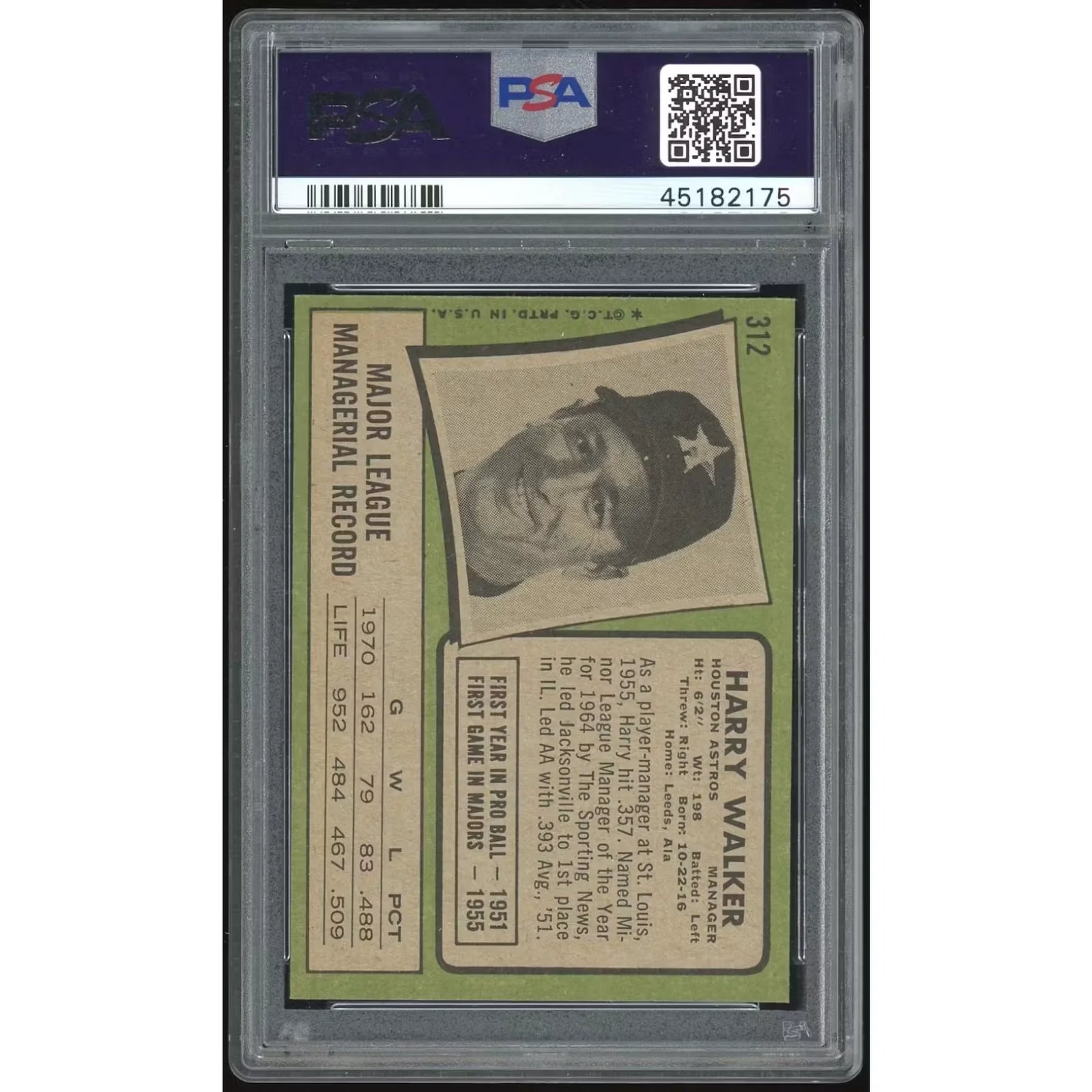 Harry Walker 1971 Topps #312 Baseball Card | PSA 9