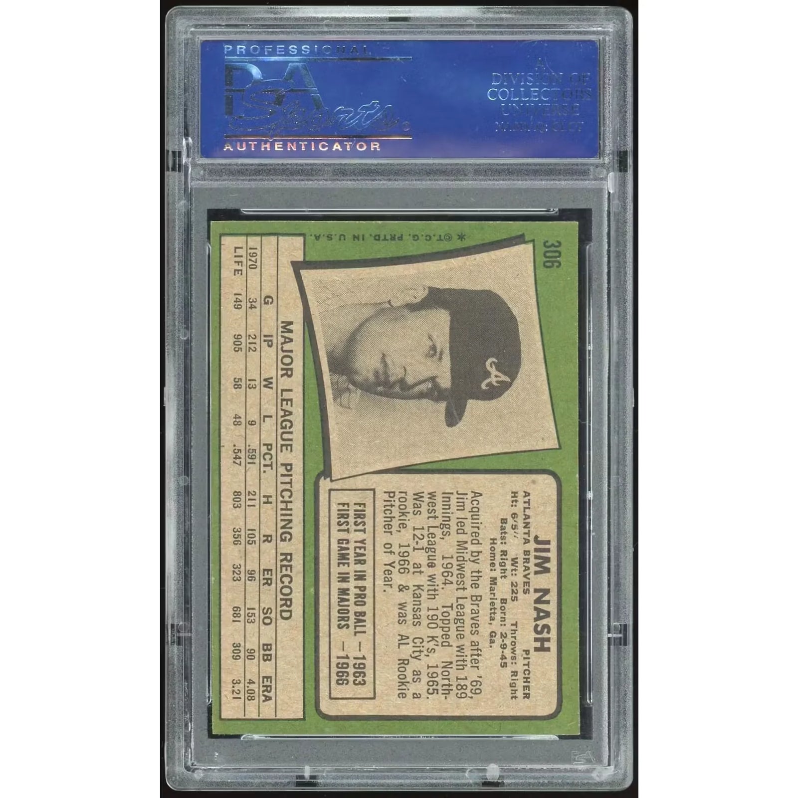 1971 Topps #306 Jim Nash Baseball Card | PSA 9