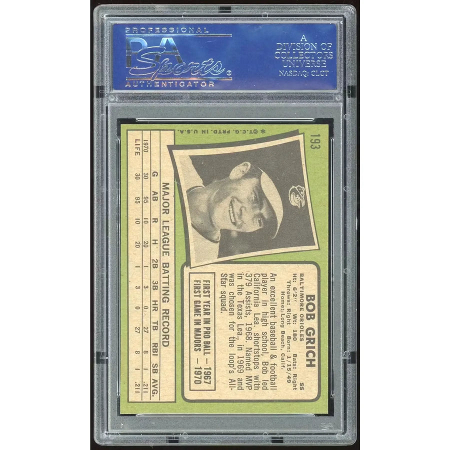 1971 Topps #193 Bob Grich Rookie Card | PSA 8
