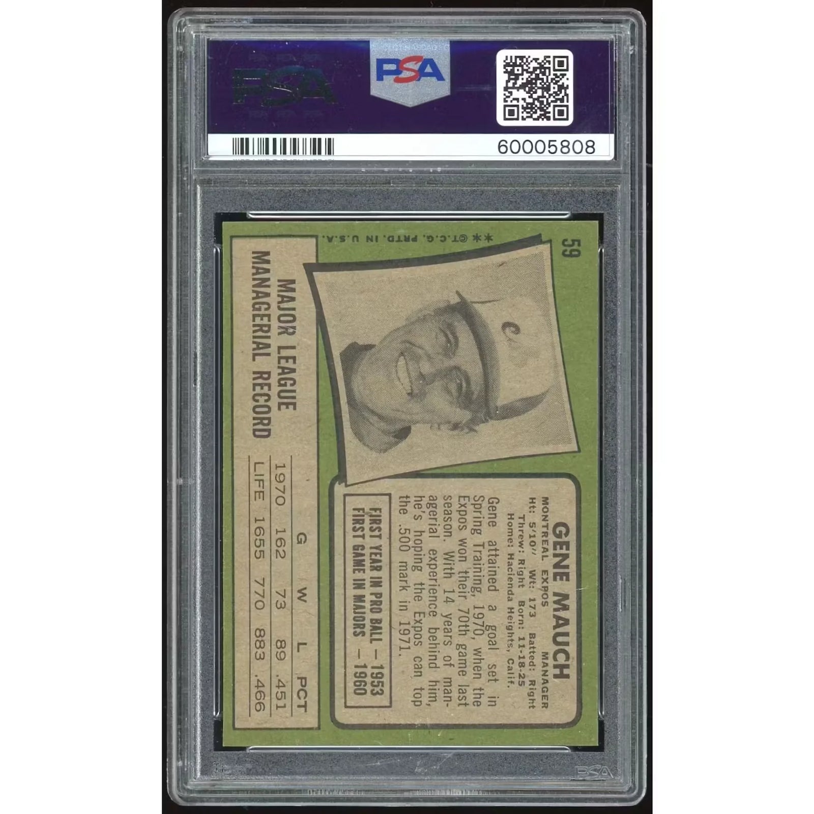 Gene Mauch 1971 Topps #59 Baseball Card | PSA 9