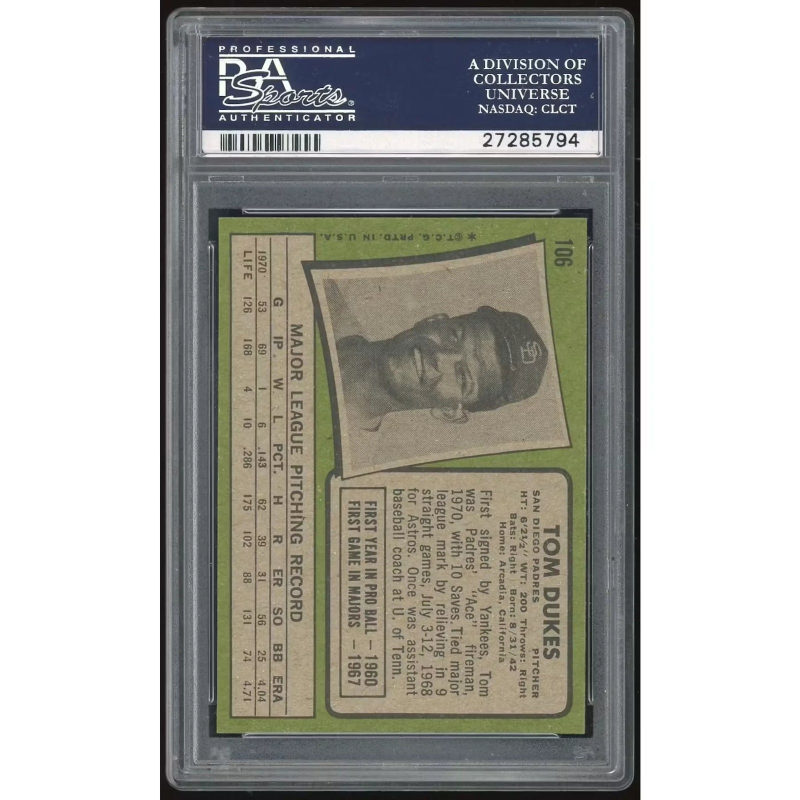 1971 Topps #106 Tom Dukes Baseball Card | PSA 9