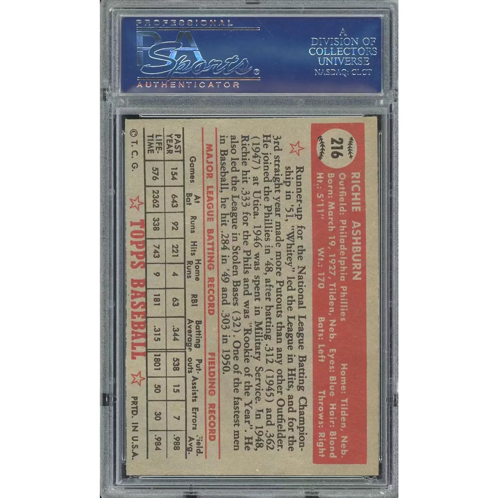 Richie Ashburn 1952 Topps #216 Baseball Card | PSA 6