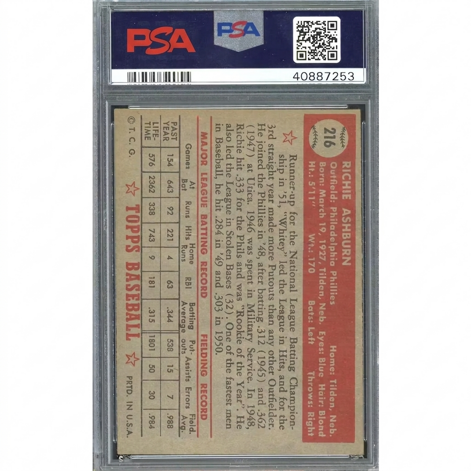 Richie Ashburn 1952 Topps #216 Card | PSA 6