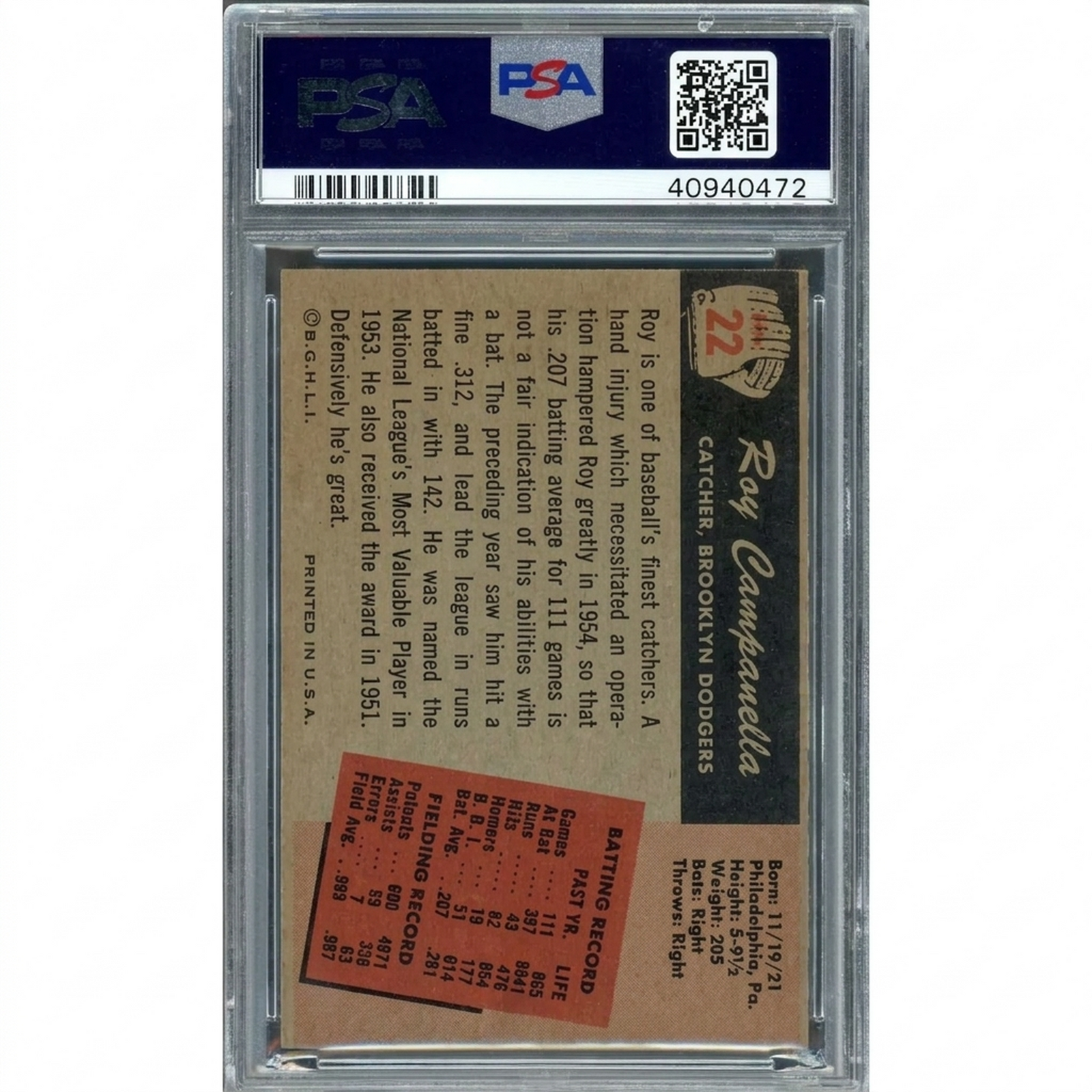 Roy Campanella 1955 Bowman #22 Baseball Card | PSA 7