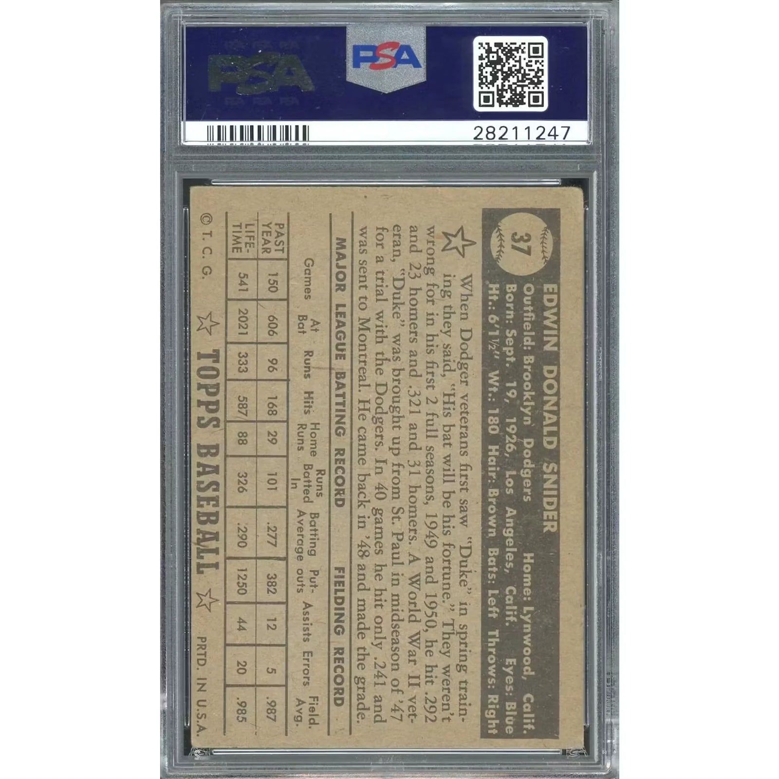 1952 Topps #37 Duke Snider Baseball Card | PSA 4