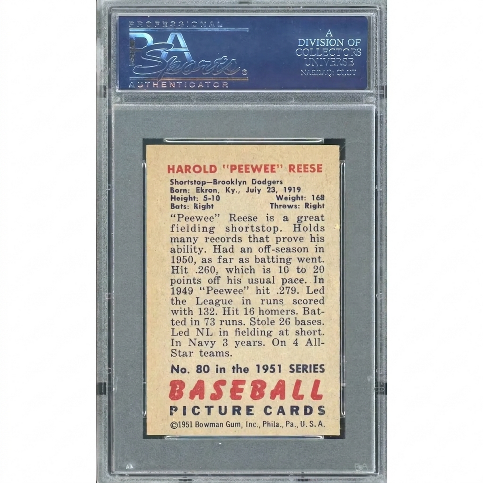 Pee Wee Reese 1951 Bowman #80 Baseball Card | PSA 6