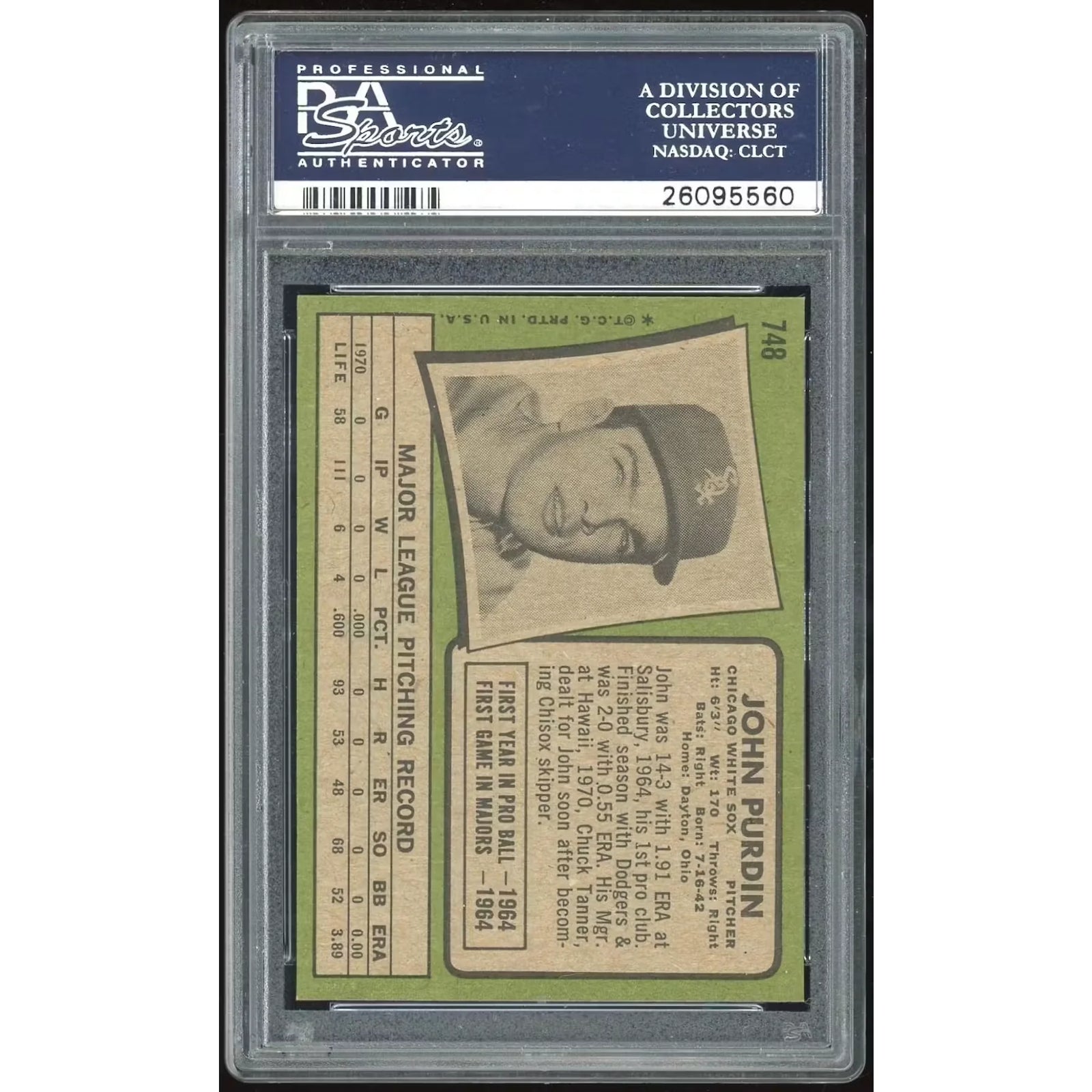 John Purdin 1971 Topps #748 Baseball Card | PSA 8