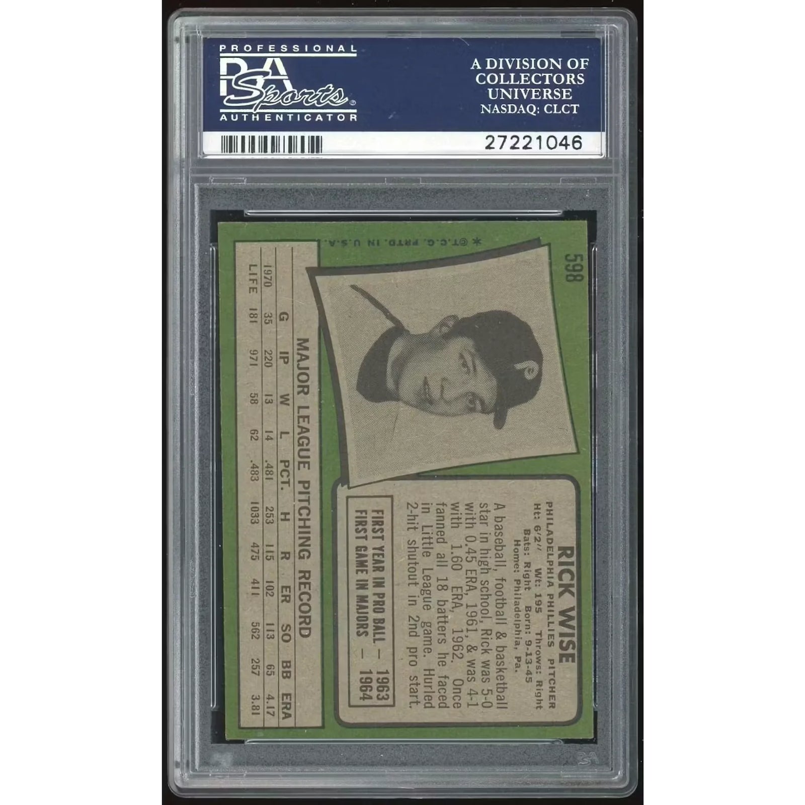 Rick Wise 1971 Topps #598 Baseball Card | PSA 9