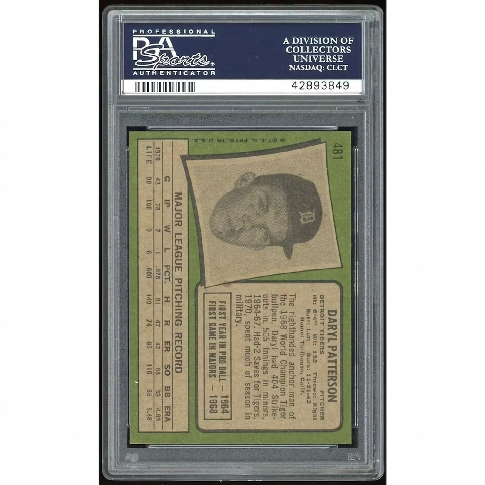 Daryl Patterson 1971 Topps #481 Baseball Card | PSA 9