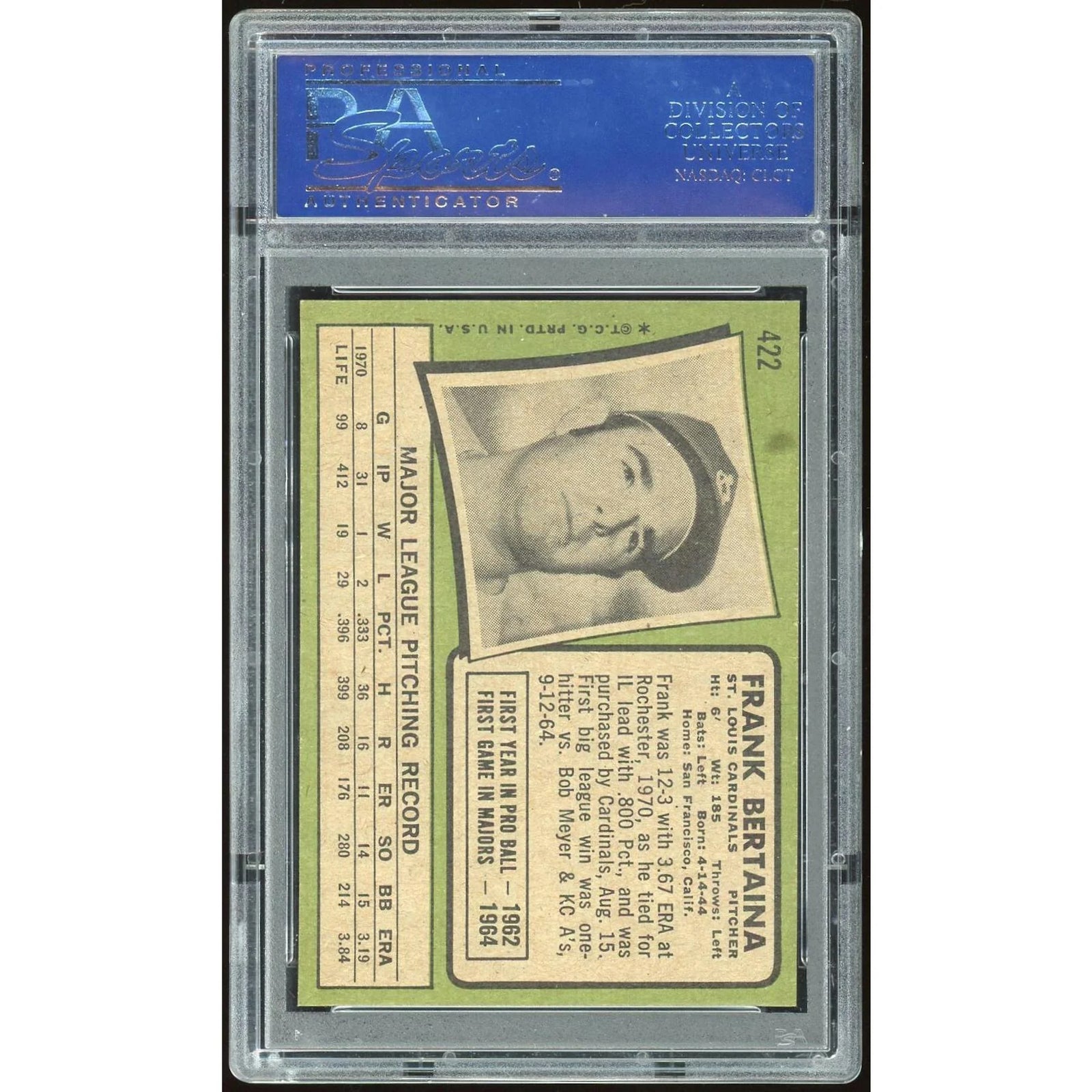 Frank Bertaina 1971 Topps #422 Baseball Card | PSA 8