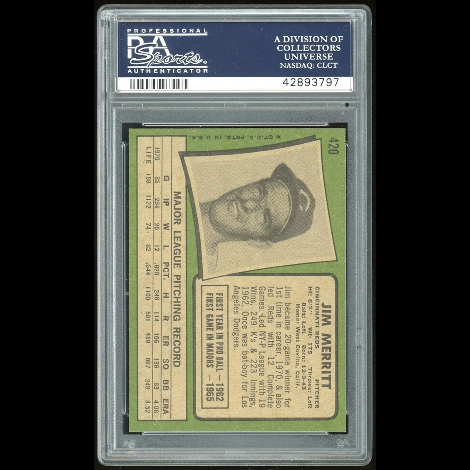 Jim Merritt 1971 Topps #420 Baseball Card | PSA 9