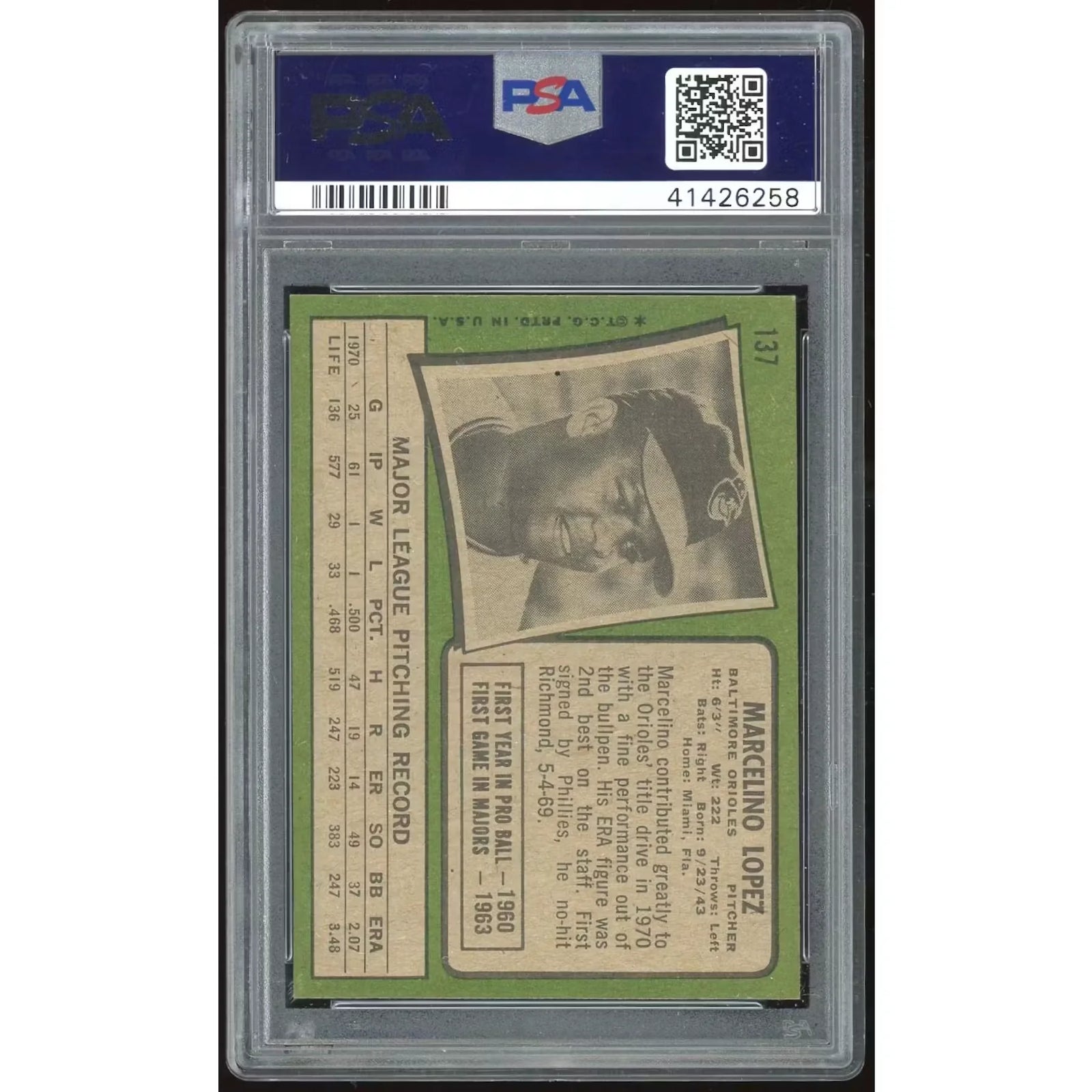 1971 Topps #137 Marcelino Lopez Baseball Card | PSA 8