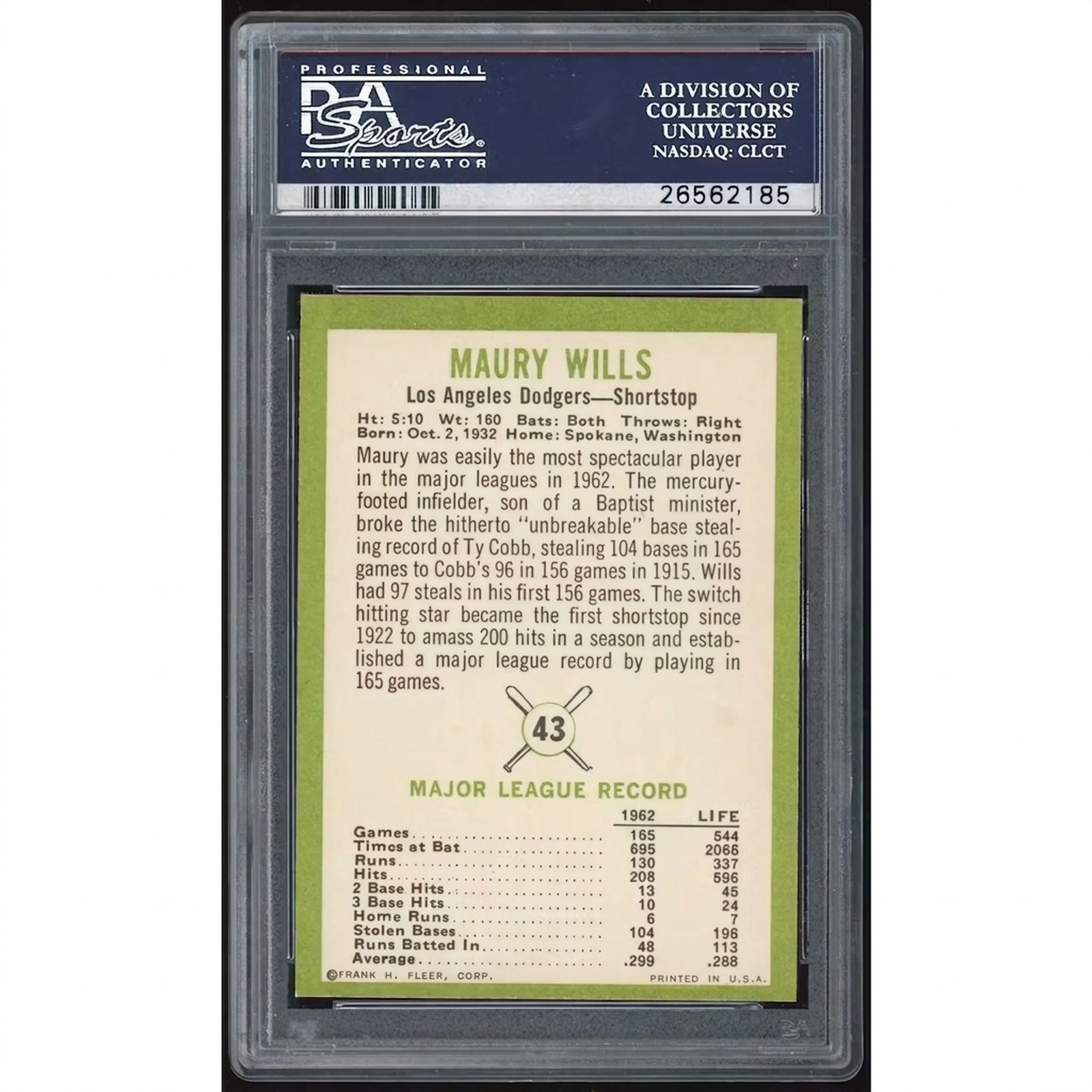 Maury Wills 1963 Fleer Card #43 | PSA 8