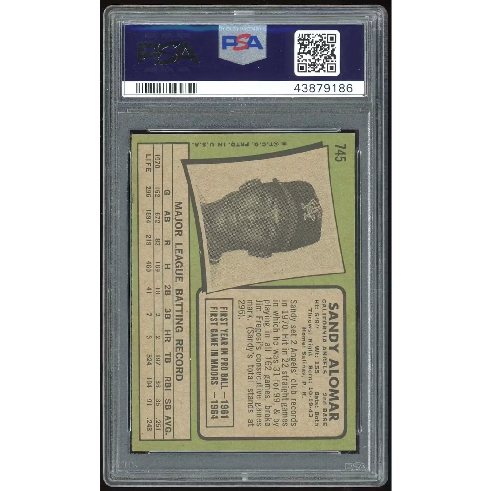 Sandy Alomar 1971 Topps #745 Card | PSA 8