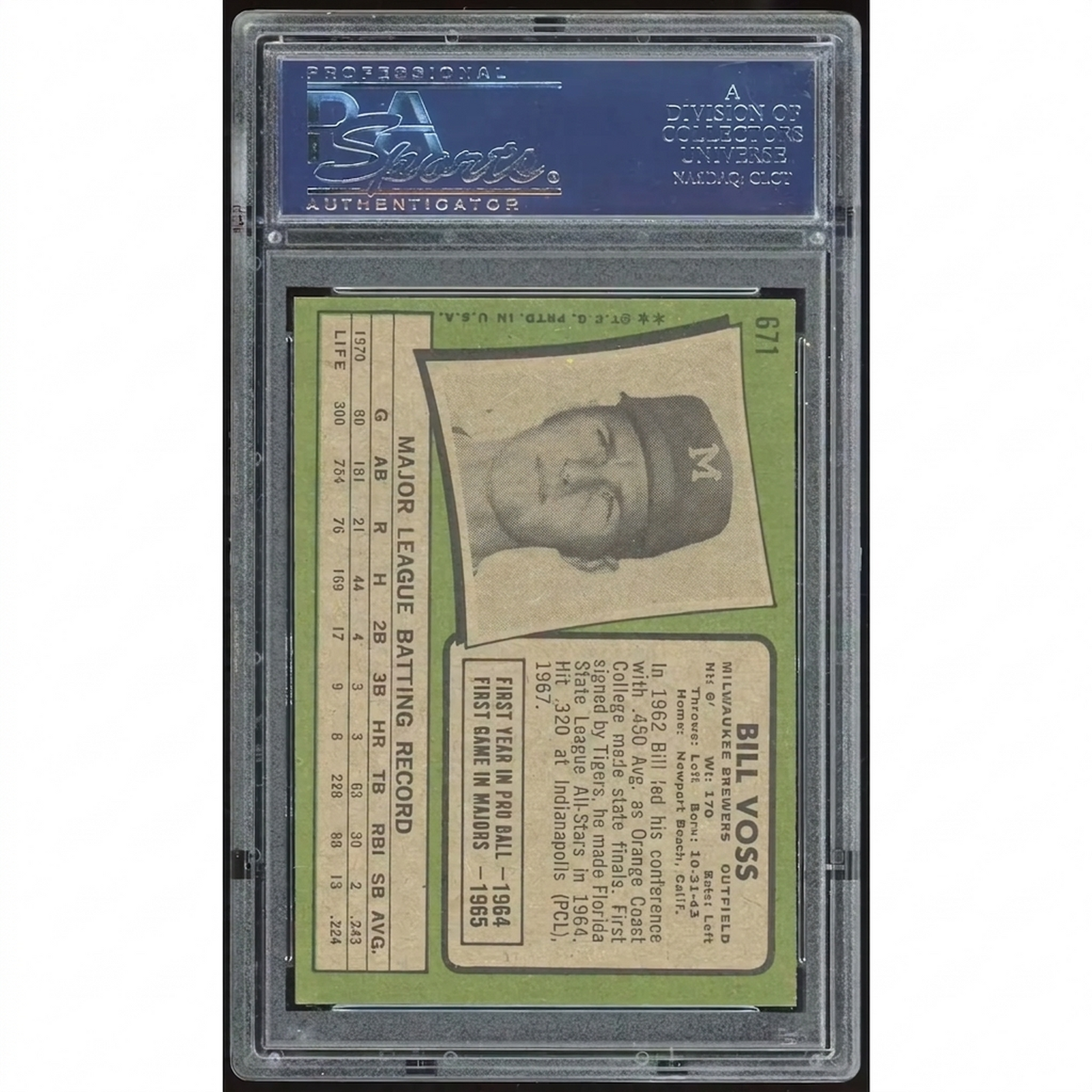 Bill Voss 1971 Topps #671 Baseball Card | PSA 8