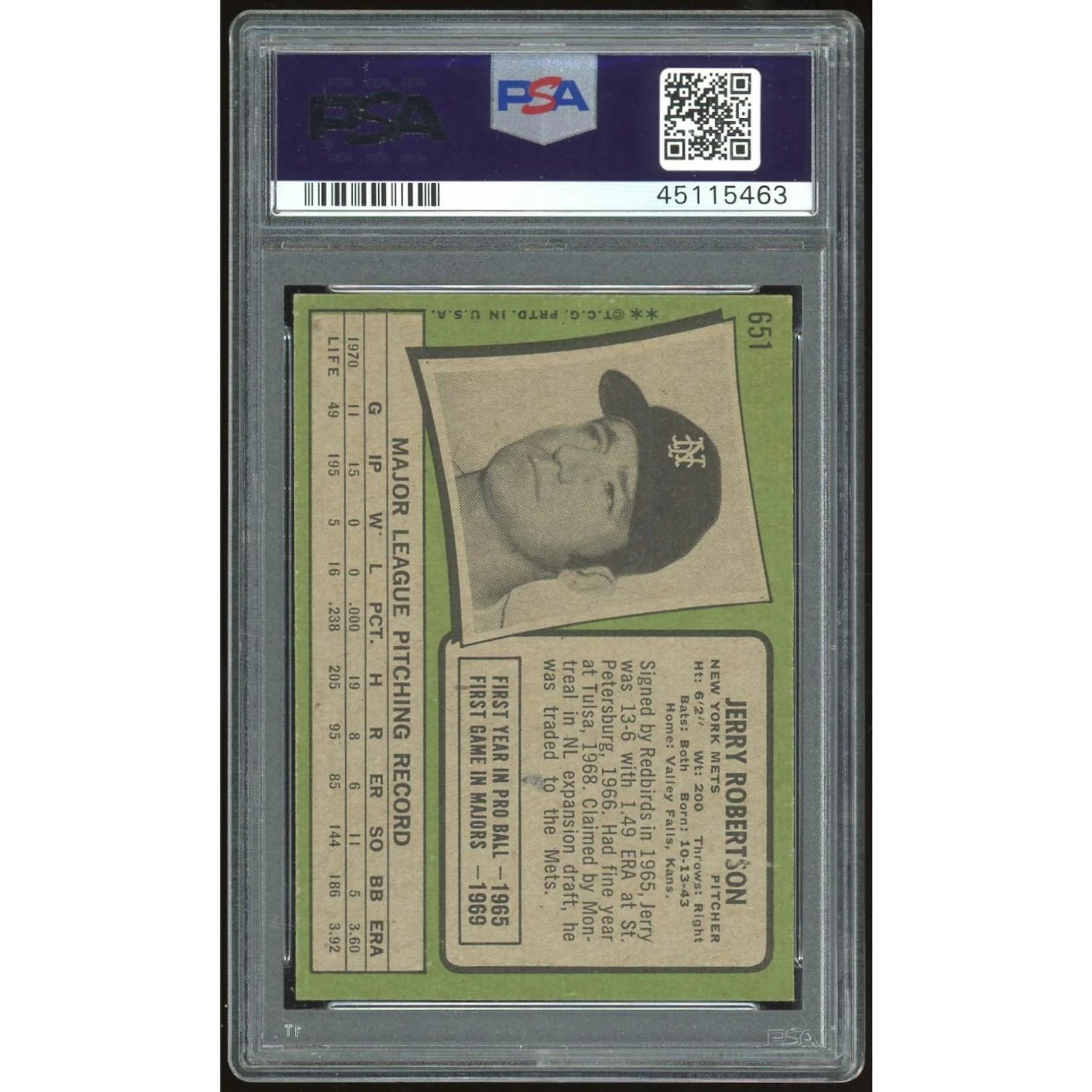1971 Topps #651 Jerry Robertson Baseball Card | PSA 8