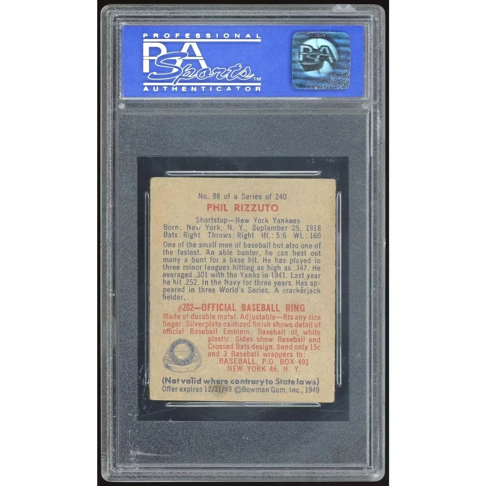 Phil Rizzuto 1949 Bowman #98 Baseball Card | PSA 5