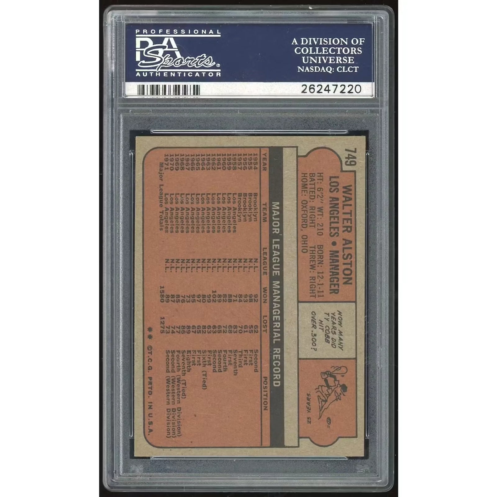Walt Alston 1972 Topps #749 Baseball Card | PSA 9