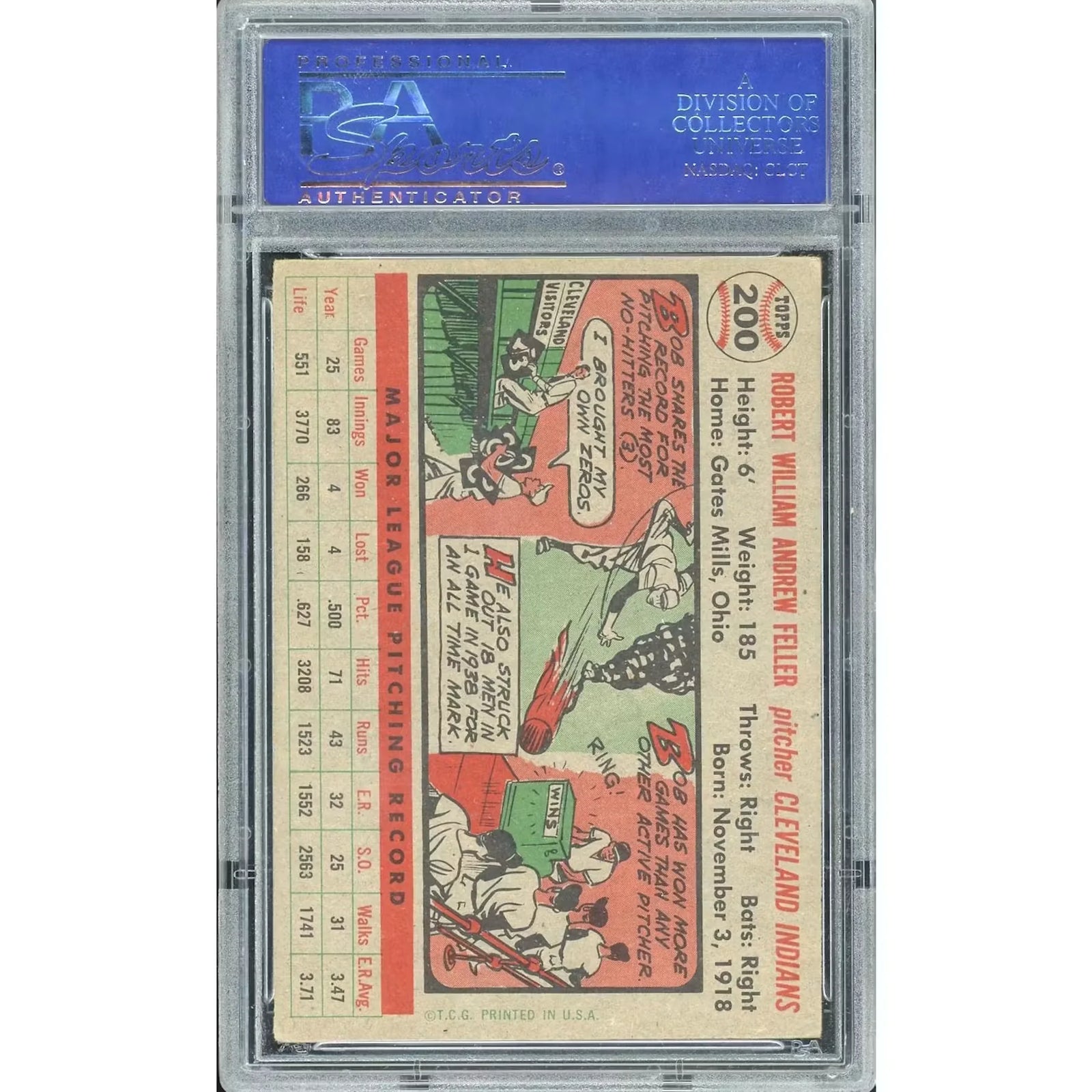 Bob Feller 1956 Topps #200 Baseball Card | PSA 5