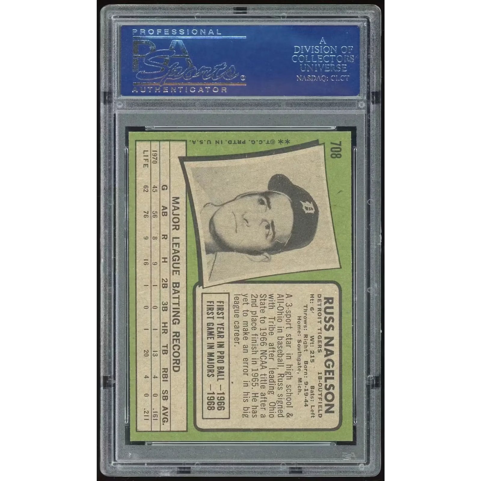 1971 Topps #708 Russ Nagelson Baseball Card | PSA 8