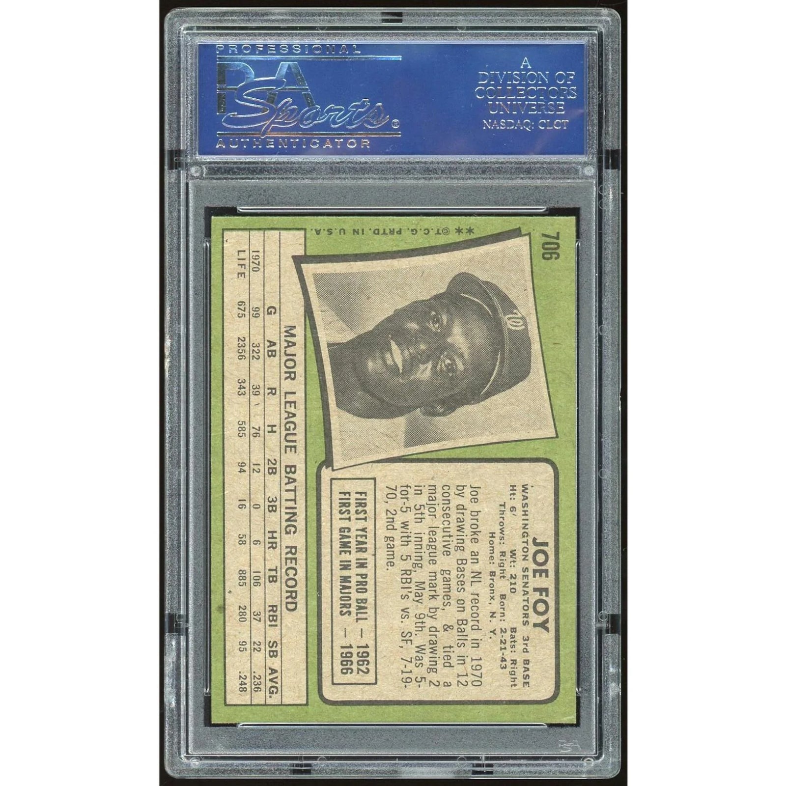 Joe Foy 1971 Topps #706 Baseball Card | PSA 8