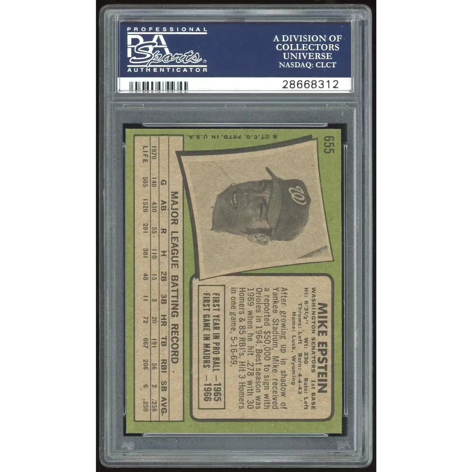 1971 Topps #655 Mike Epstein Baseball Card | PSA 8
