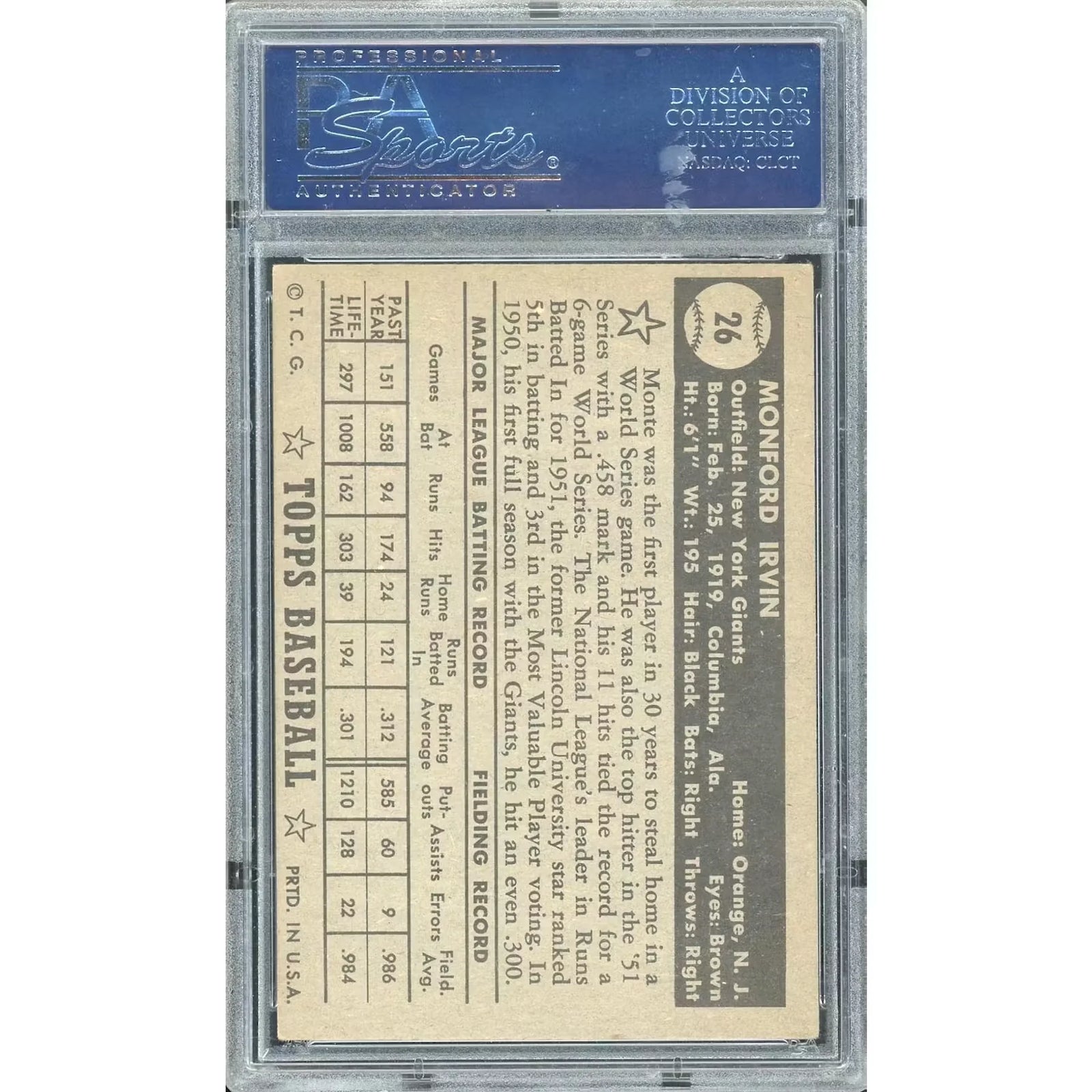 1952 Topps Monte Irvin #26 Baseball Card | PSA 4