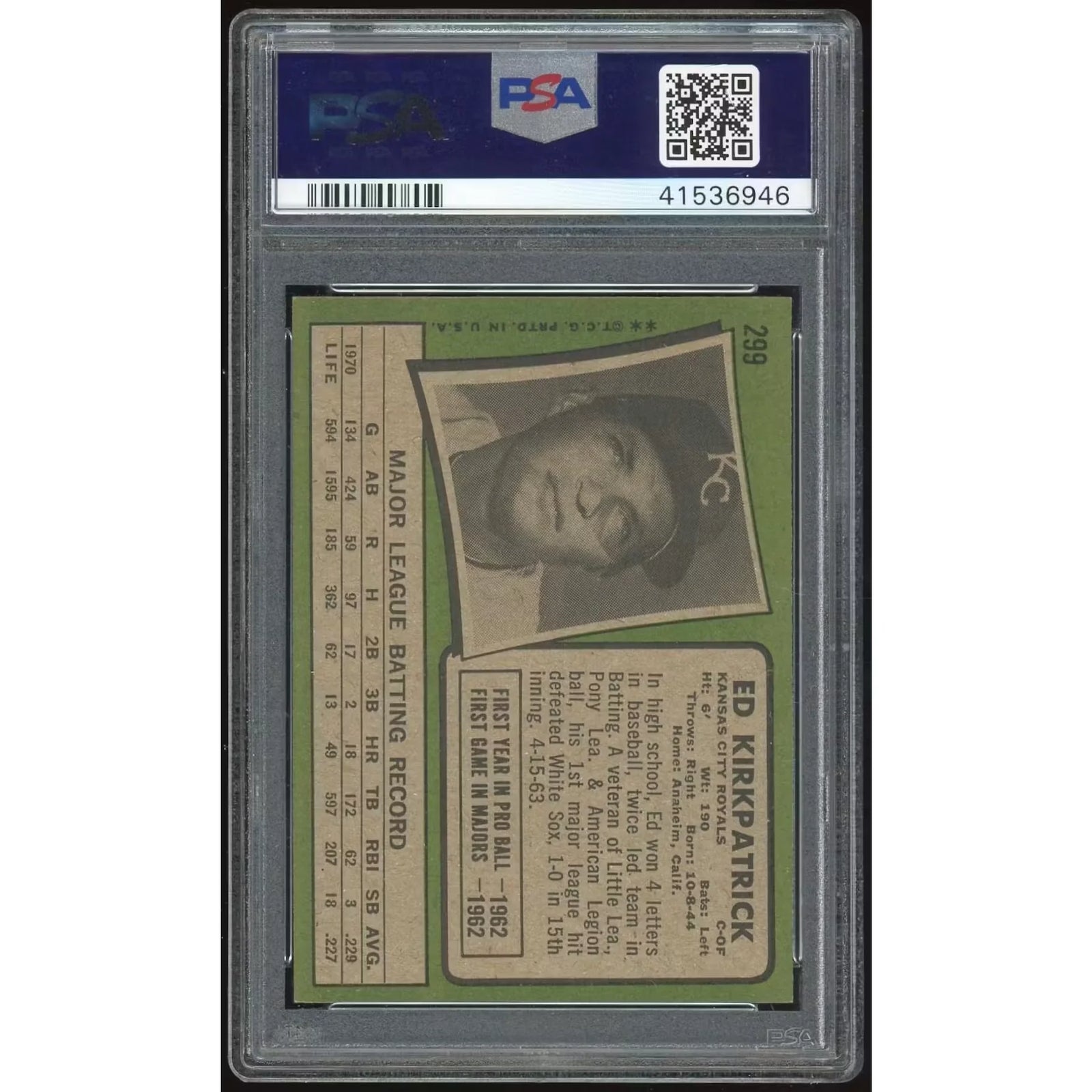 1971 Topps #299 Ed Kirkpatrick Card | PSA 8