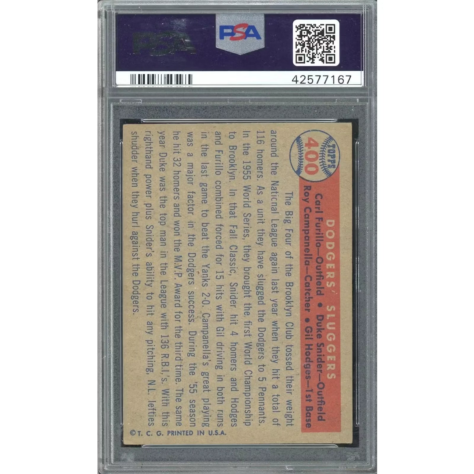 1957 Topps #400 Dodgers' Sluggers Baseball Card | PSA 6