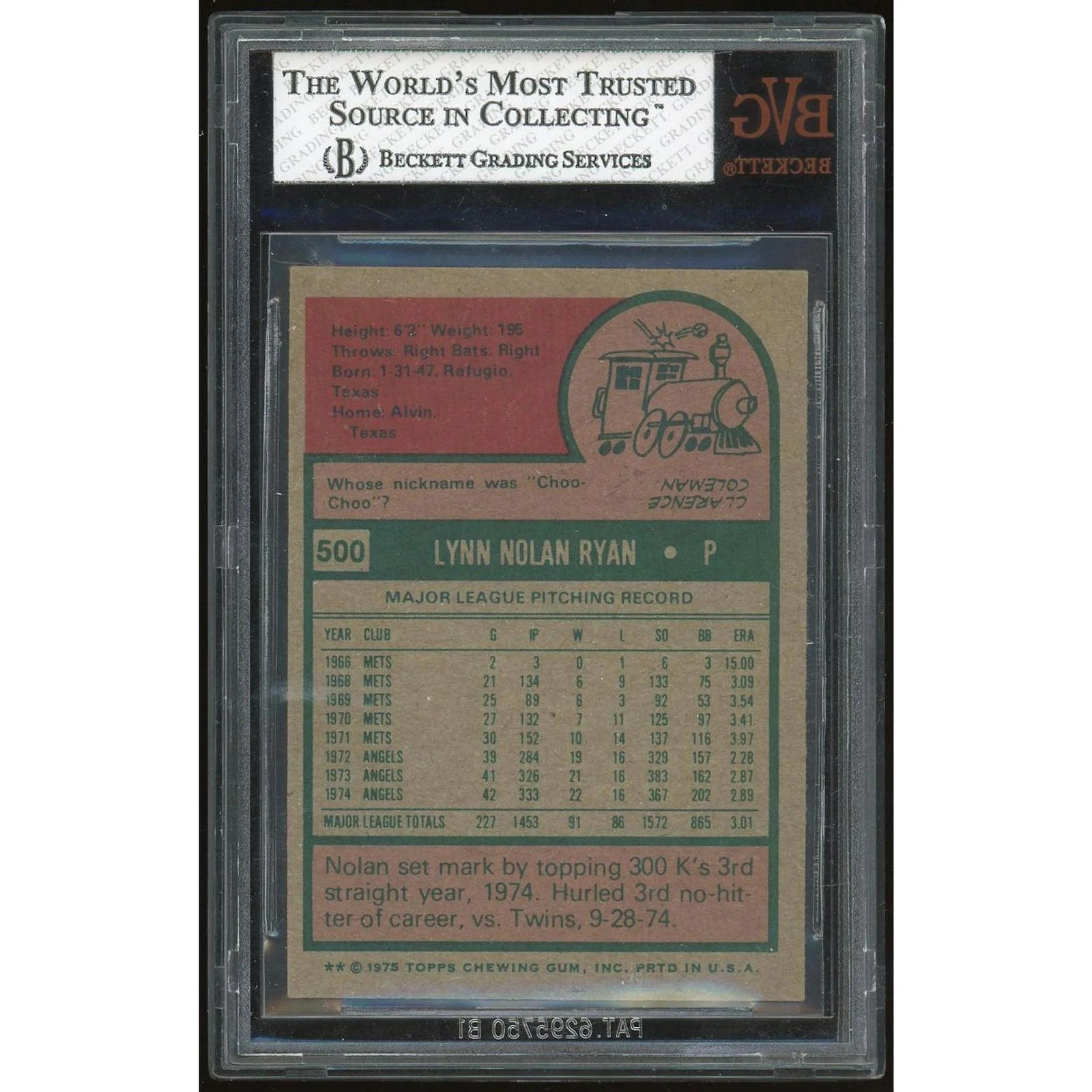 Nolan Ryan 1975 Topps #500 Baseball Card | BVG 7