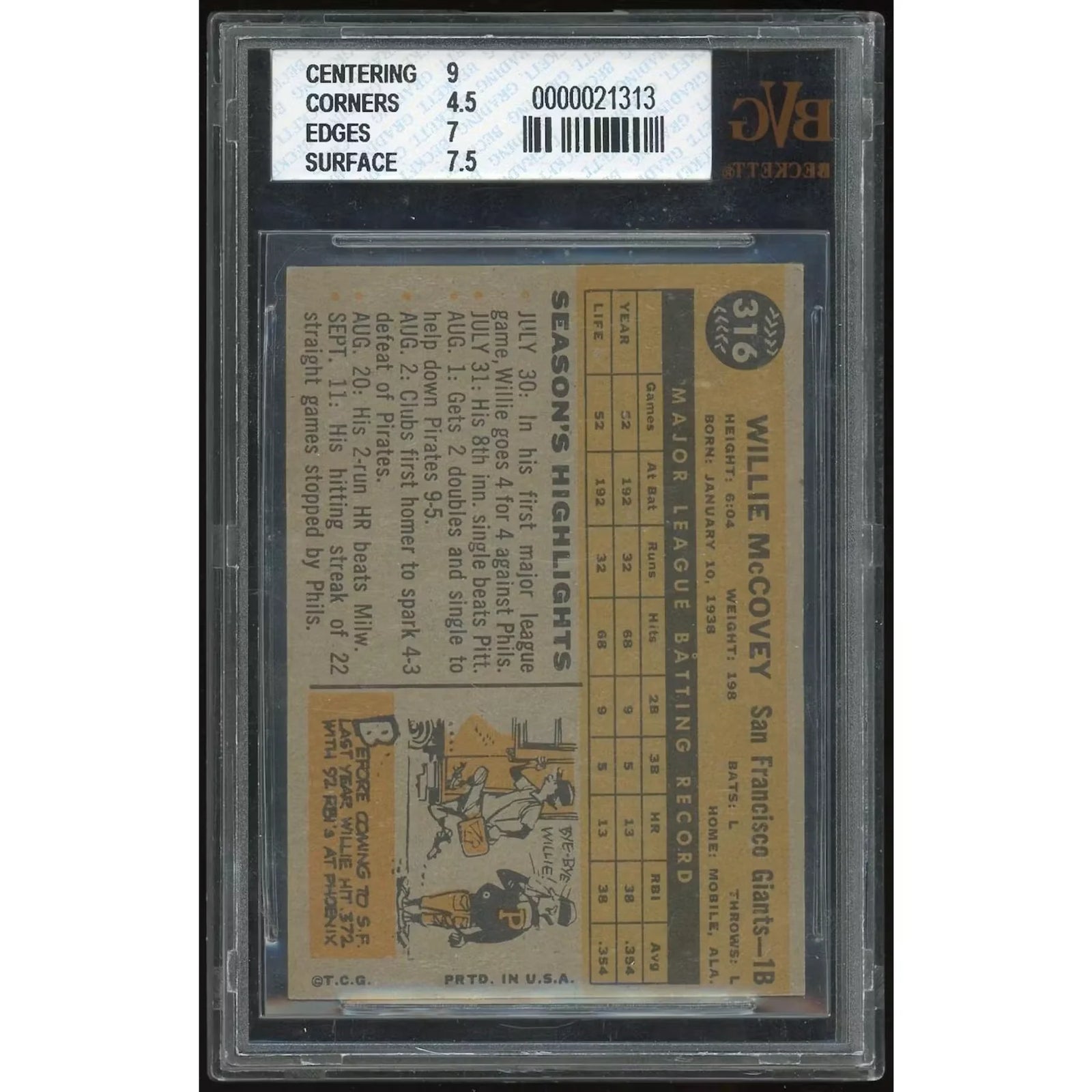 Willie McCovey 1960 Topps Rookie Card #316 | BVG 5