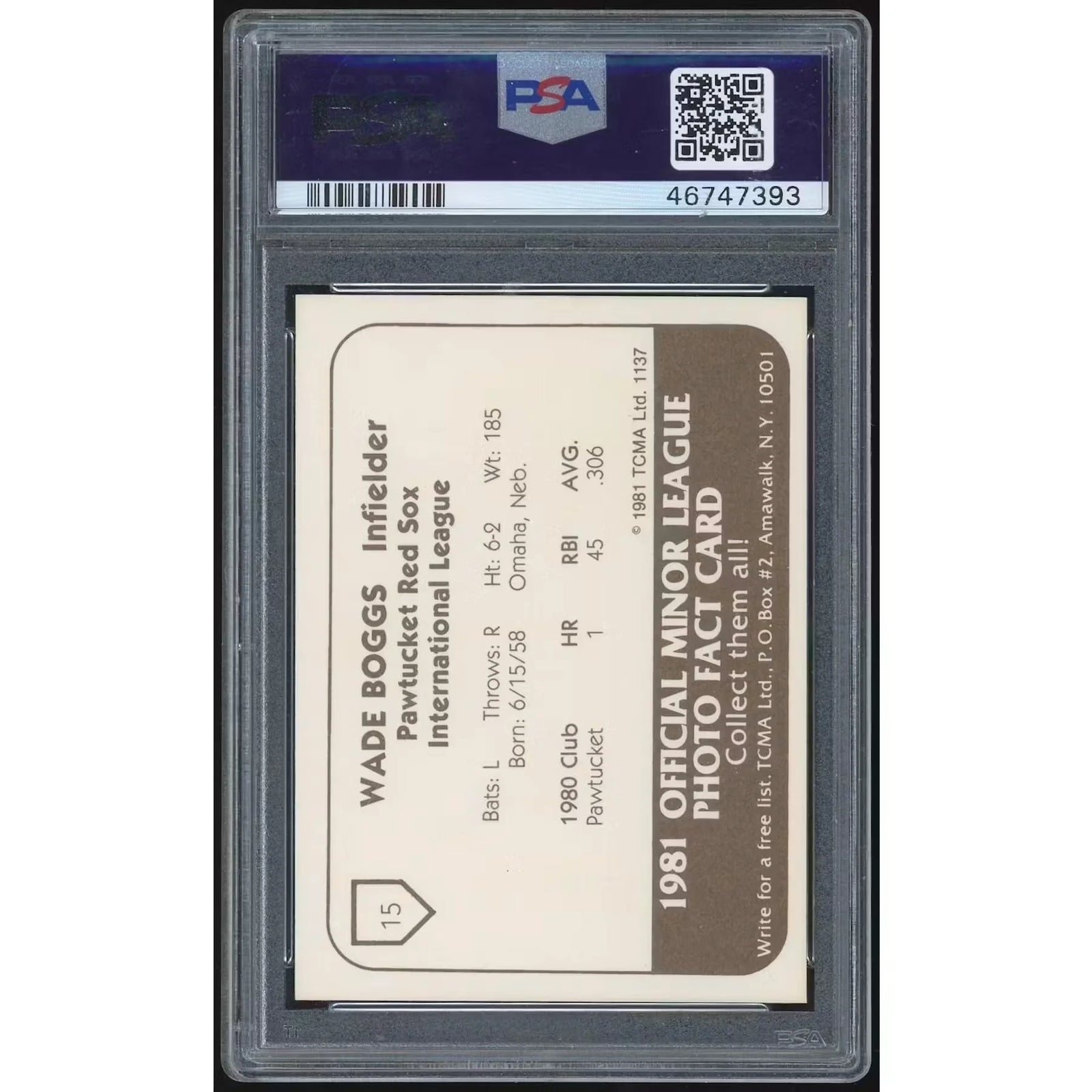 Wade Boggs 1981 TCMA Pawtucket #15 Card | PSA 9