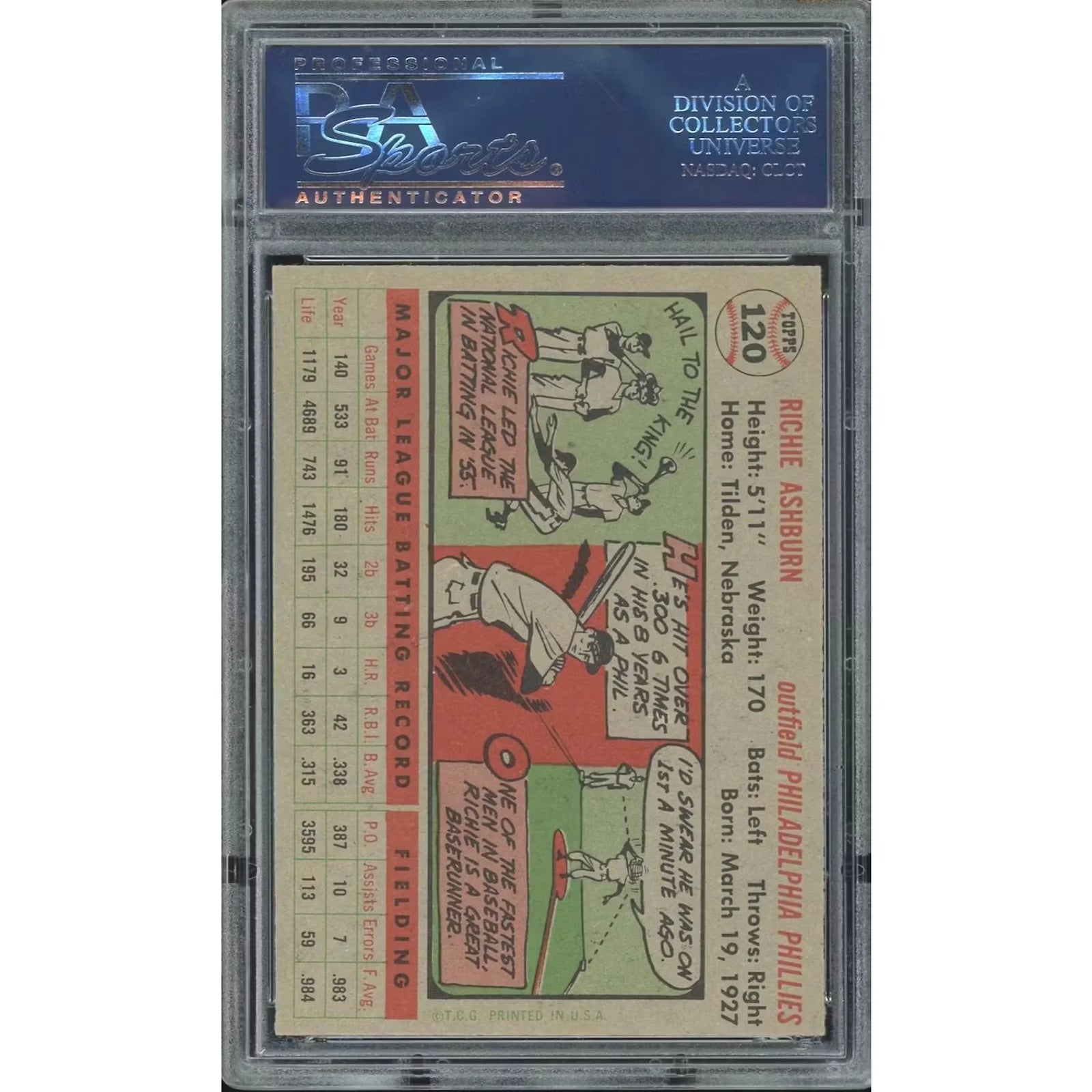 Richie Ashburn 1956 Topps #120 Card | PSA 7