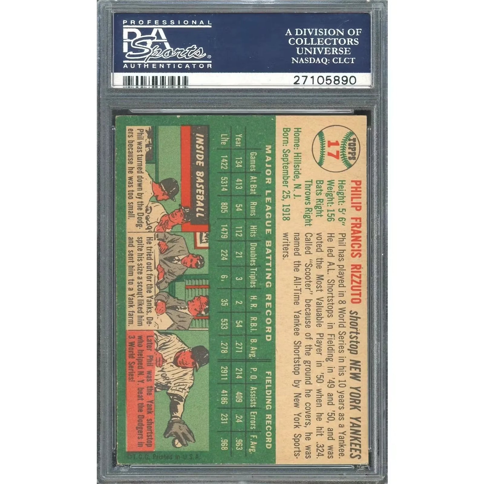 Phil Rizzuto 1954 Topps #17 Baseball Card | PSA 6