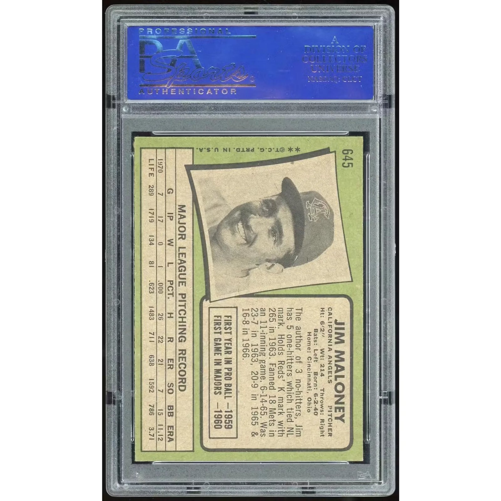 1971 Topps #645 Jim Maloney Baseball Card | PSA 8