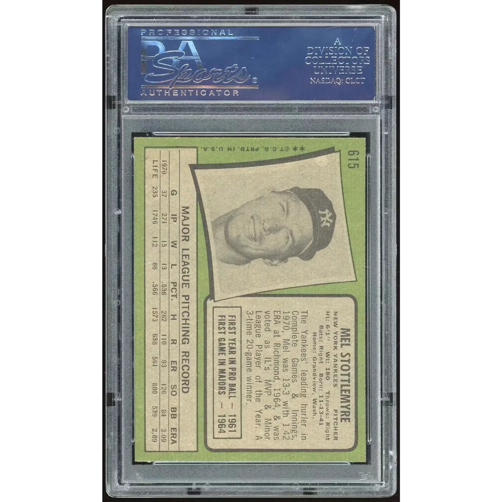1971 Topps #615 Mel Stottlemyre Baseball Card | PSA 8