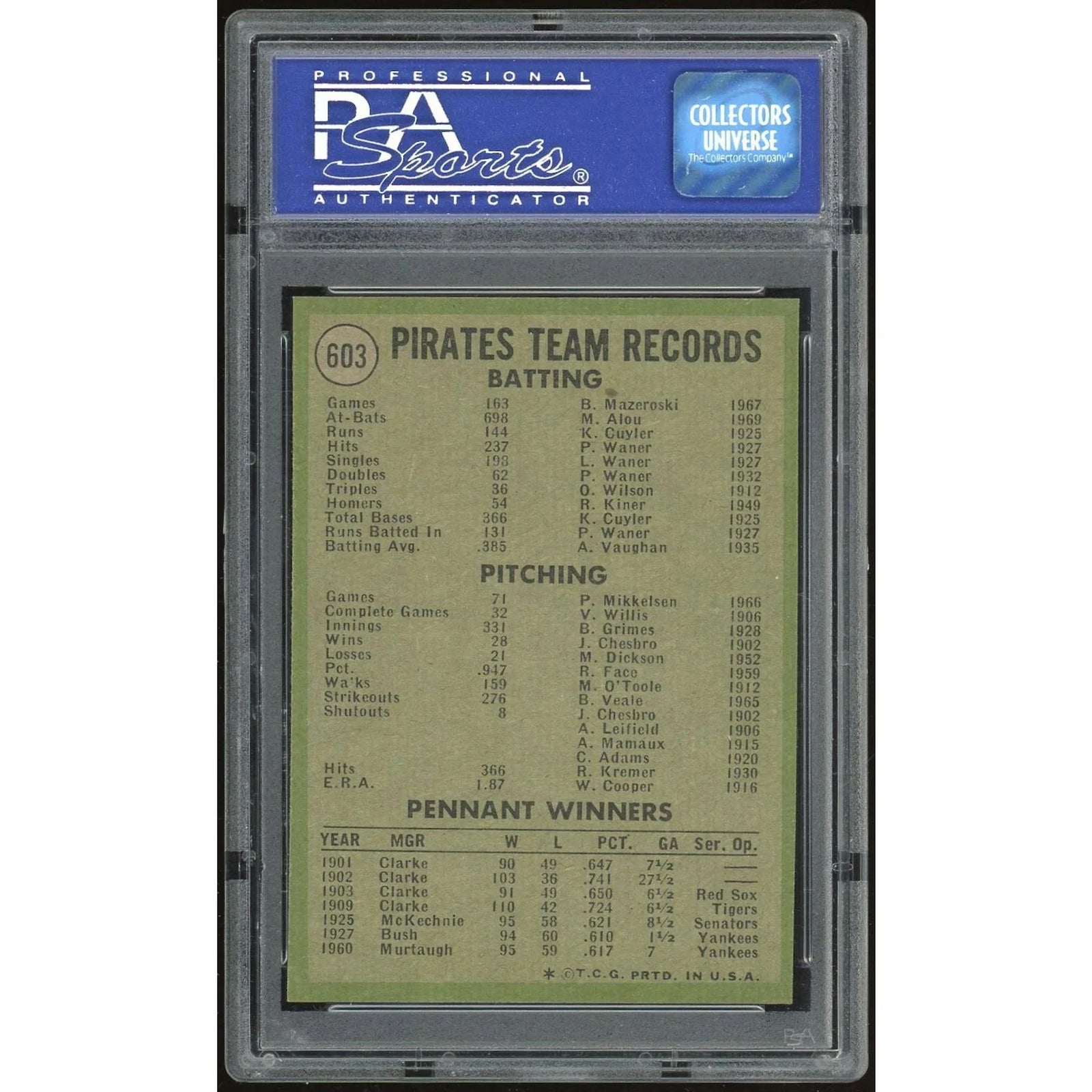 1971 Topps #603 Pirates Team Card | PSA 8