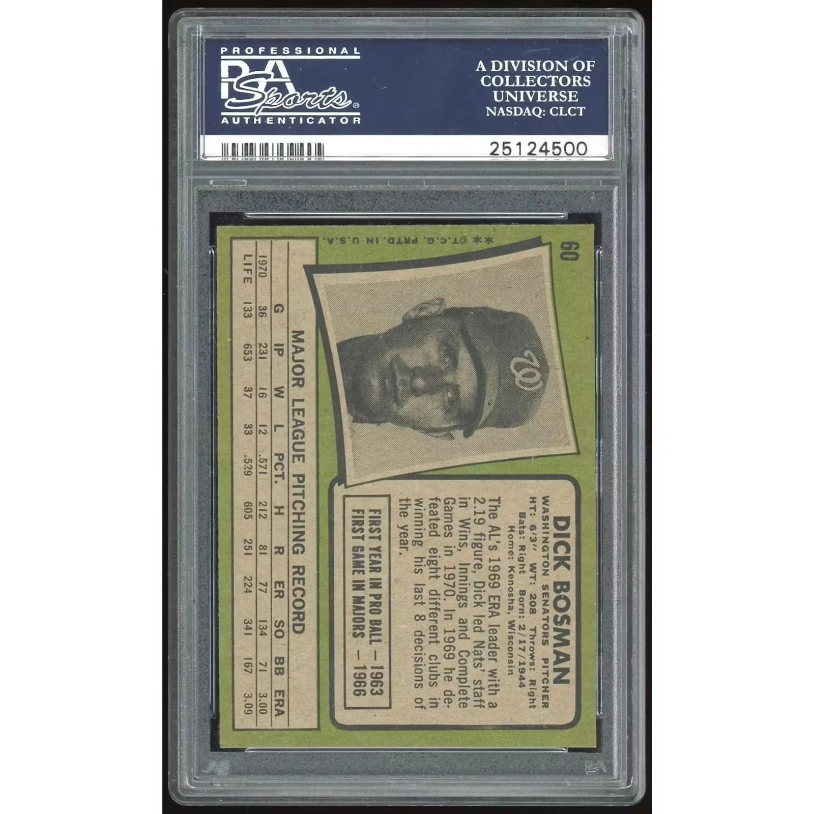 Dick Bosman 1971 Topps #60 Baseball Card | PSA 8
