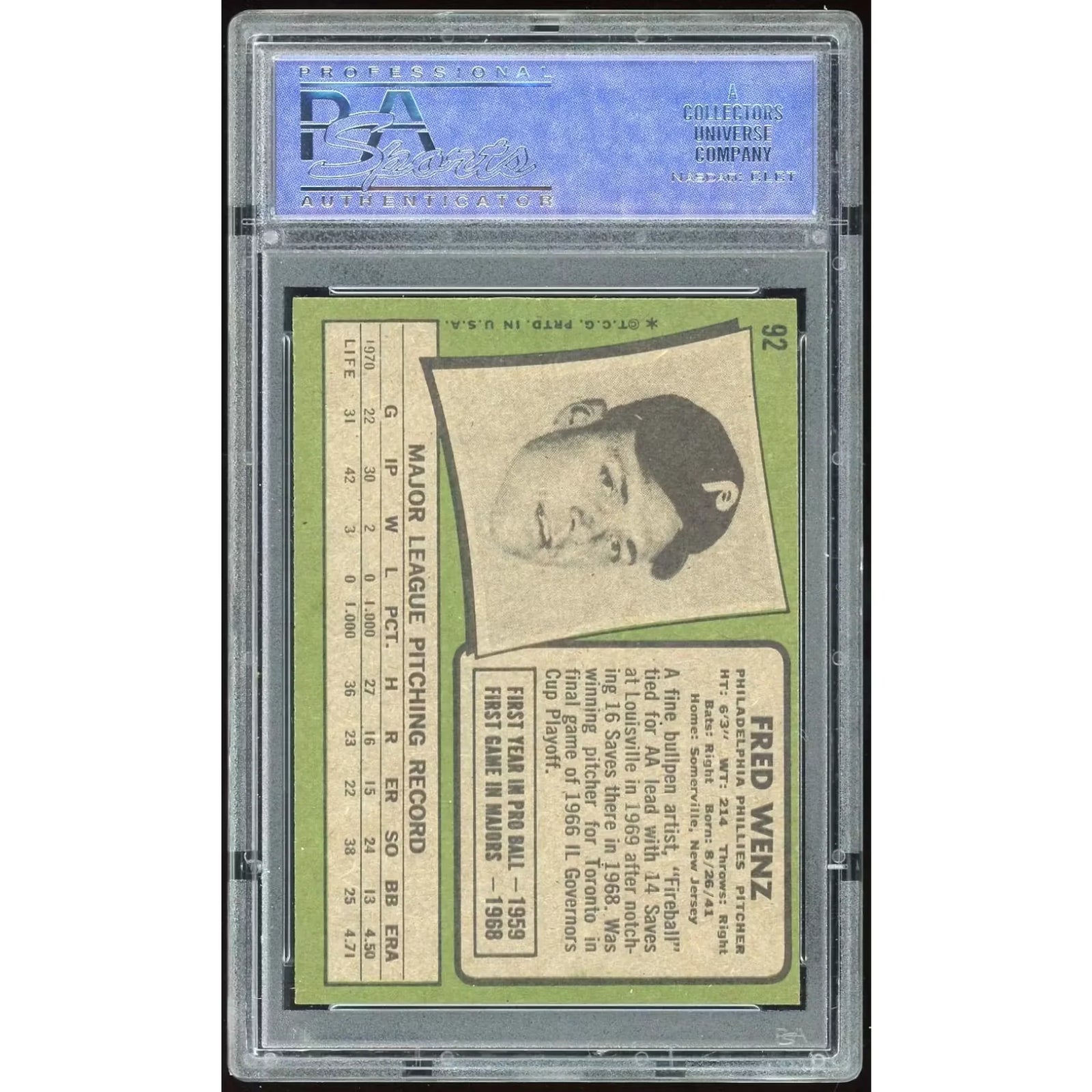 Fred Wenz 1971 Topps #92 Baseball Card | PSA 8