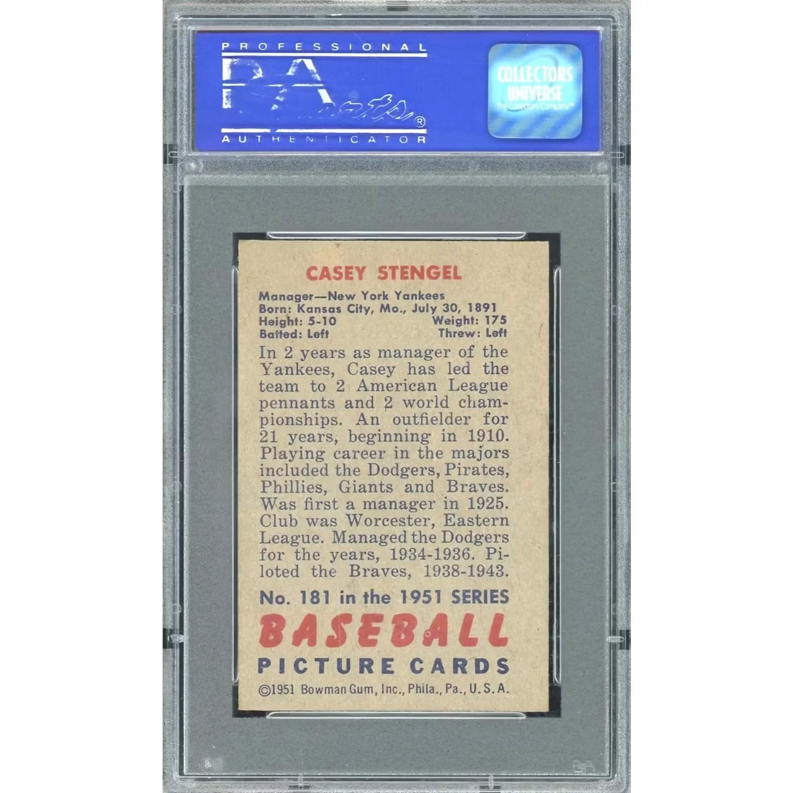 Casey Stengel 1951 Bowman #181 Baseball Card | PSA 6