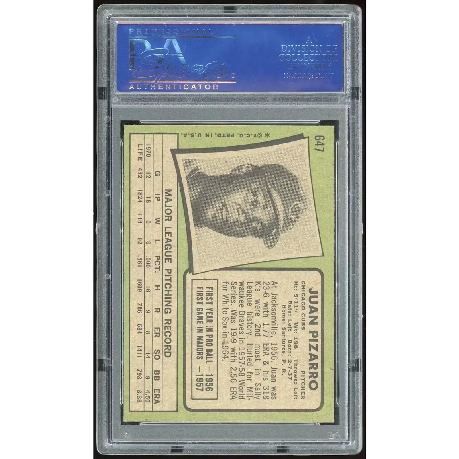 1971 Topps #647 Juan Pizarro Baseball Card | PSA 8