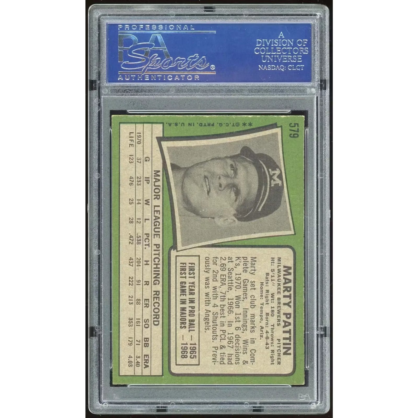 Marty Pattin 1971 Topps #579 Baseball Card | PSA 8