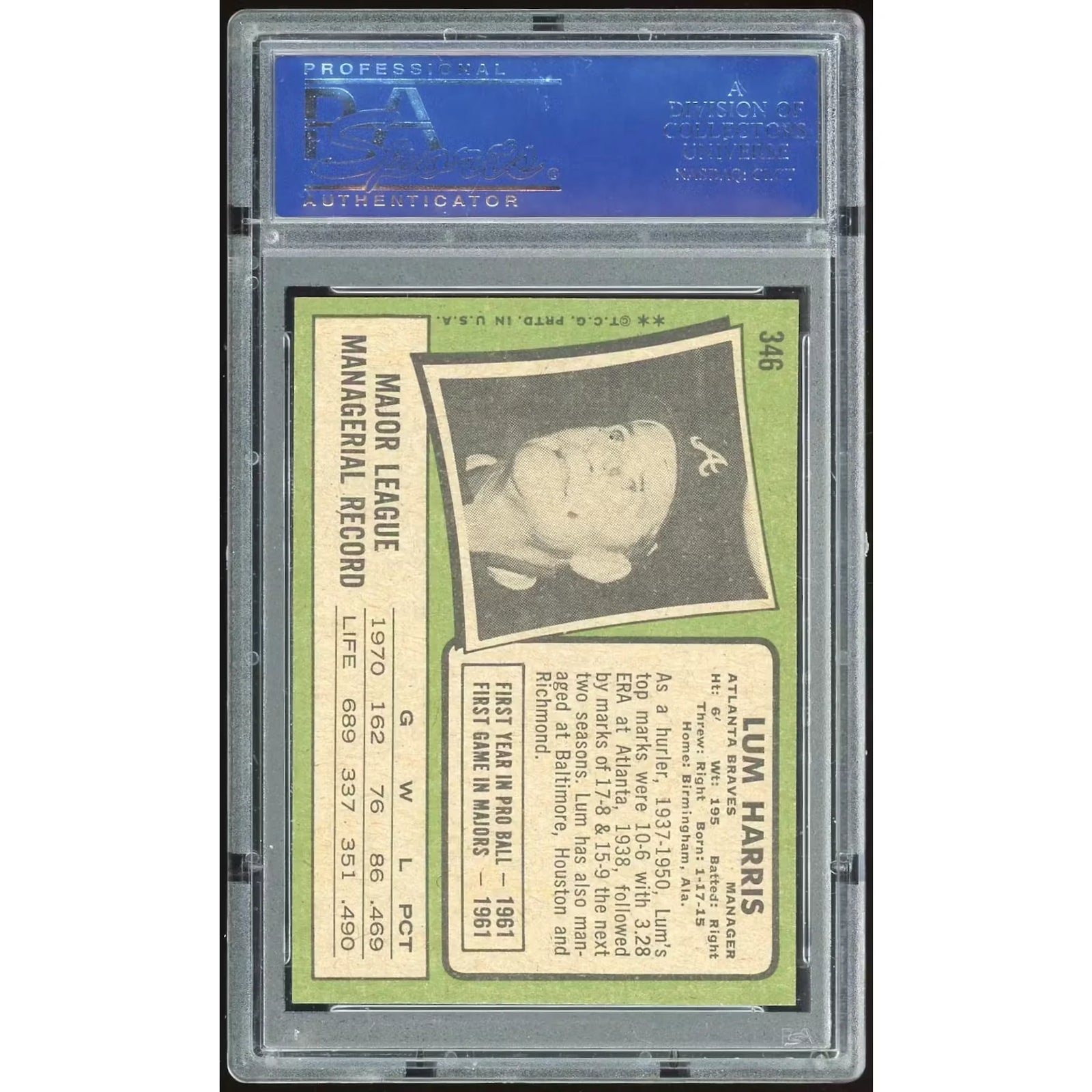 1971 Topps #346 Lum Harris Baseball Card | PSA 8 2049