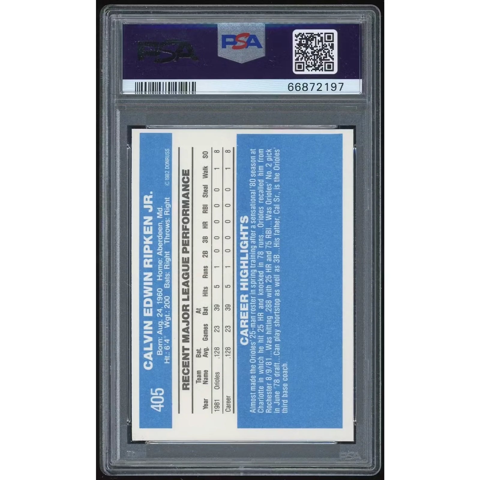 Cal Ripken Jr. 1982 Donruss #405 Rookie Card | PSA 9